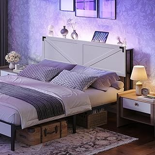 Queen Size Headboard Only, Headboard with 2 Outlets and 4 USB Ports, Farmhouse Headboard, with LED Lights, Secure Storage with Raised Fence, with Bed Frame Adapter, White and Black