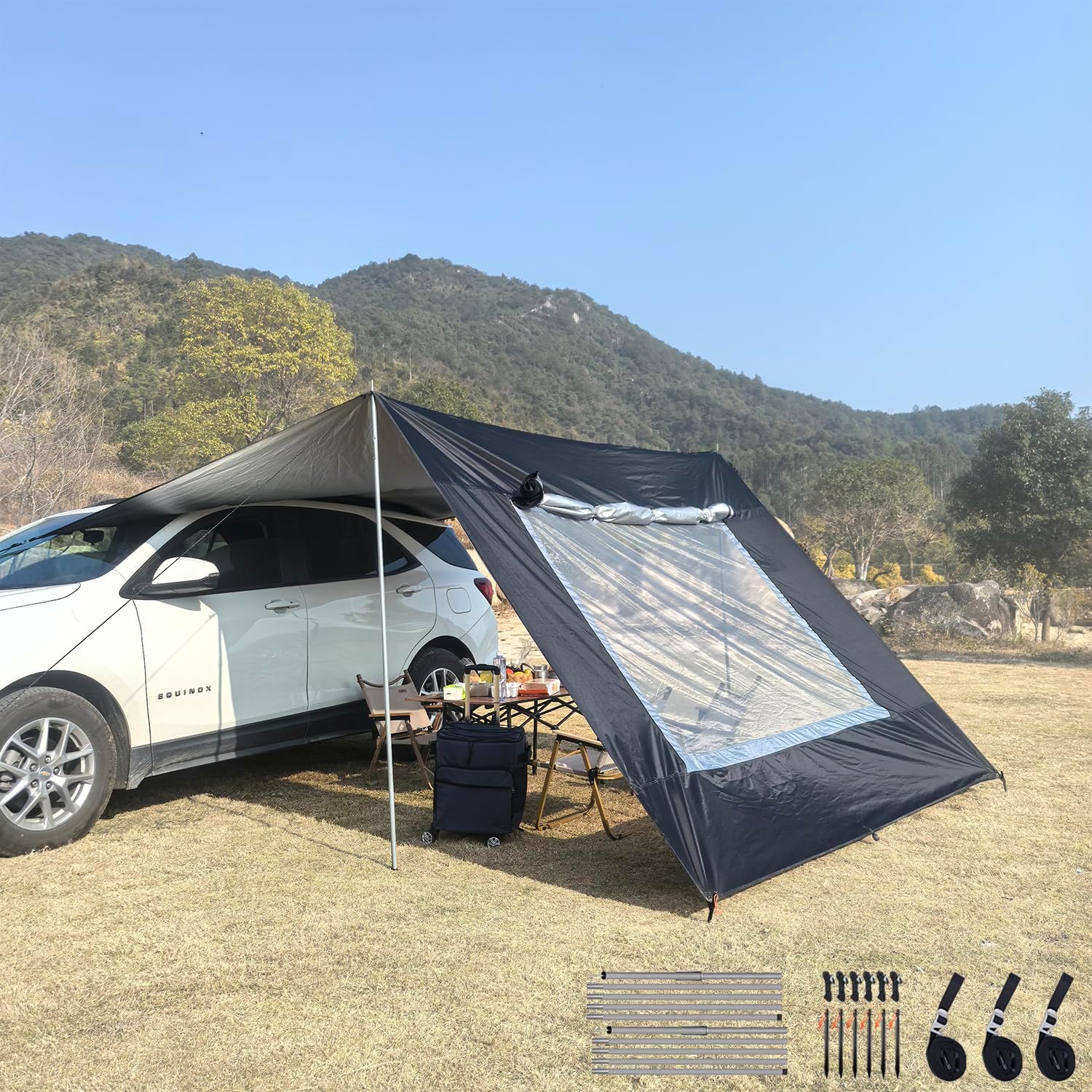 2.9x4.8m Generic Campervan Awning Car Canopy with Screen Window Suitable for Cars Vans and Camper Vans Protects Against Sun and Rain Camping Tarp Shelter