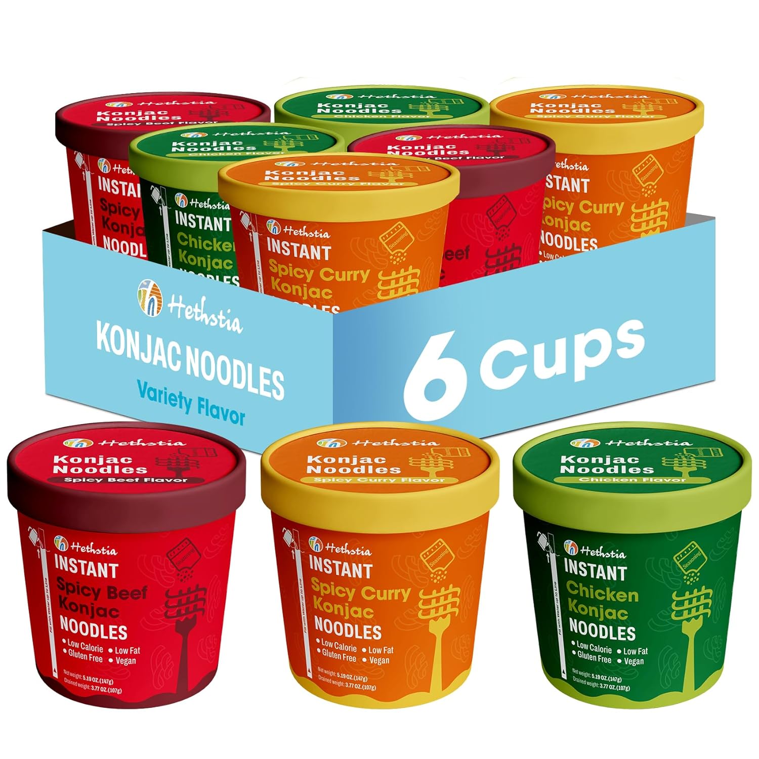 Hethstia Konjac Noodle, 6-Pack Pre-cooked Low Carb Shirataki Pho Soup Variety Flavor (Chicken, Spicy Curry, Spicy Beef)- Low-Calorie, Sugar-Free, Vegan, Gluten-Free, 34.32oz Keto-Friendly Asian Meal