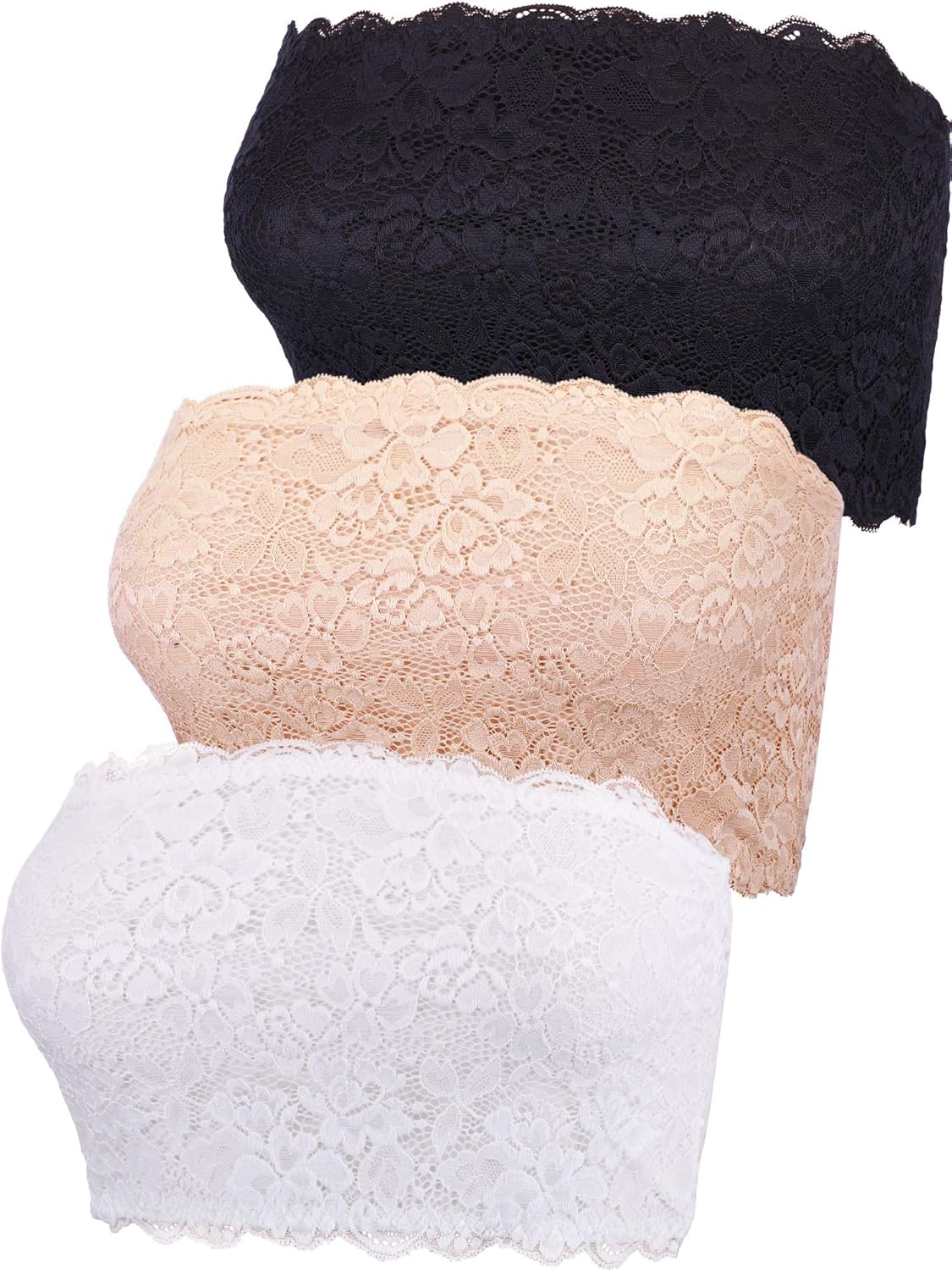 Boao 3 Pieces Women's Floral Lace Tube Top Bandeau Strapless Bras Seamless Stretchy Chest Wrap