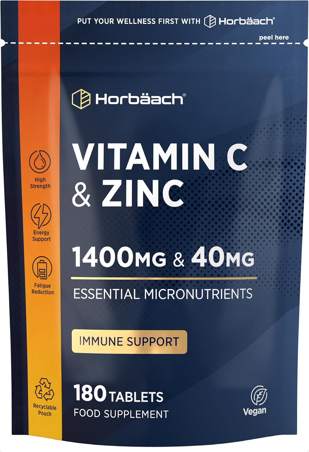 Vitamin C 1400mg and Zinc 40mg Tablets | 180 Count | High Strength Complex with Vitamin C as Ascorbic Acid | Immune Support | Suitable for Vegans | by Horbaach