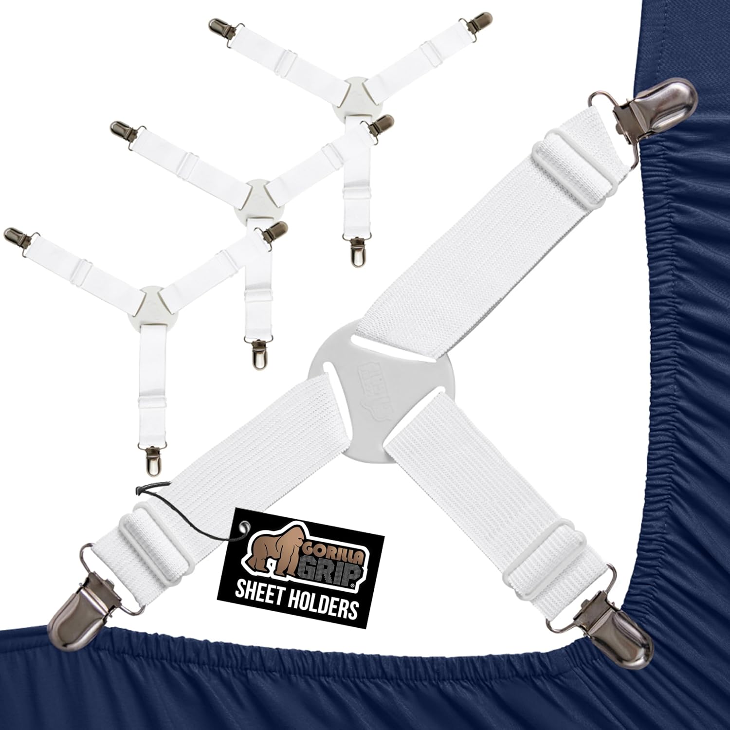 GORILLA GRIP Patent Pending Bed Sheet Holders, Adjustable Elastic Fasteners with Metal Clips, Keep in Place Fitted Bedding Straps, Firm Tight Suspenders for Mattress, US Designed, 4 Pack White