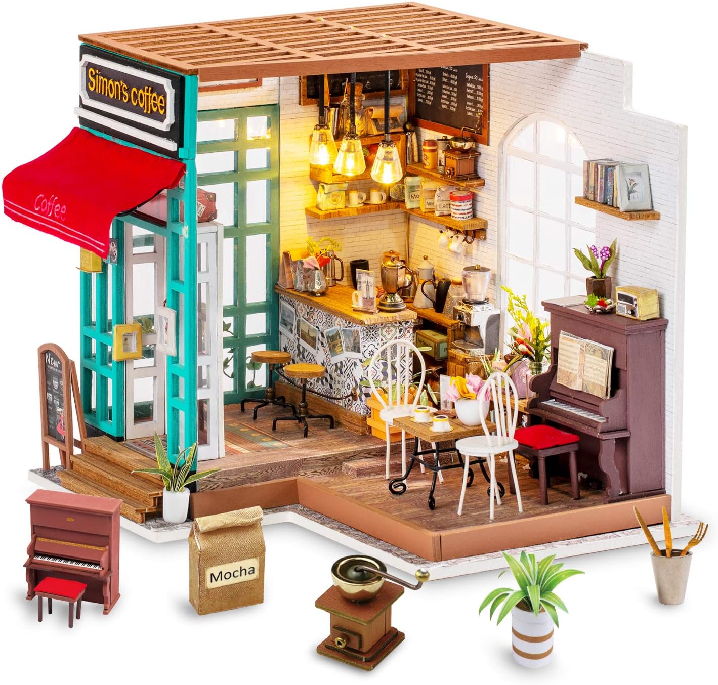 Rolife DIY Miniature House Kit Simon's Coffee Shop - Model Kits Miniature Dolls House Kit for Adults Mini House Home Desk Bookshelf Decoration Idea