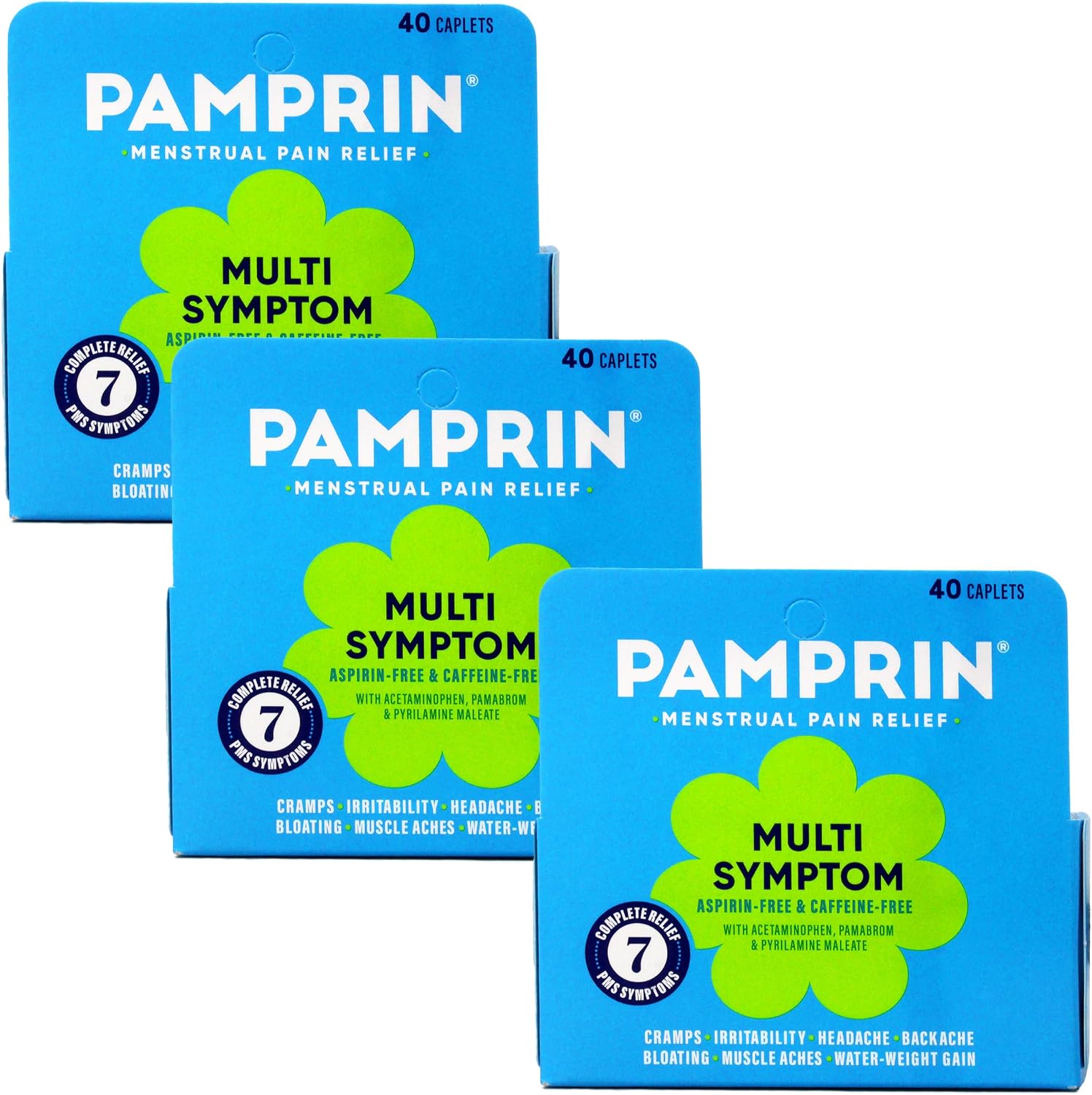 Pamprin Maximum Strength Multi-Symptom Menstrual Relief Tablets, 40-Count Boxes (Pack of 3)