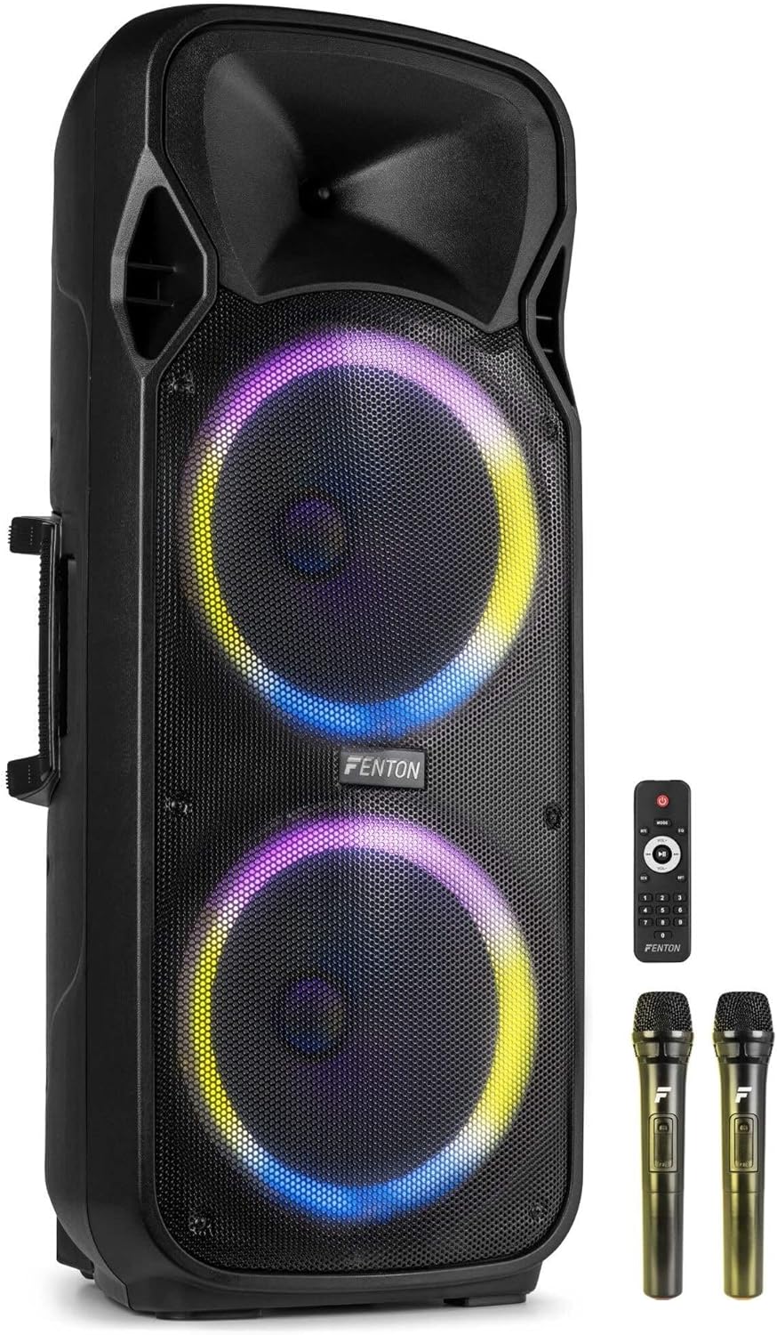 Fenton FT212LED MK2 Portable PA System with 2x12" Speakers, Bluetooth, Rechargeable Battery, LED Lights & Wireless Microphones - 1400W Power for Party, Karaoke, DJ & Live Events