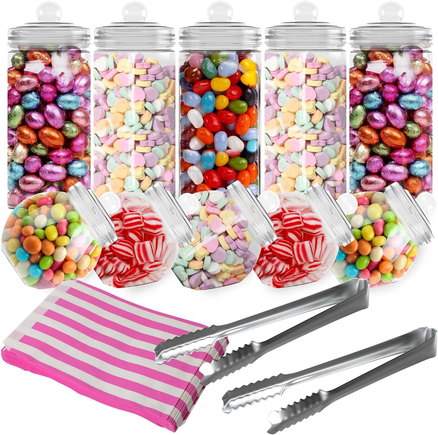 HEFTMAN 10 Retro Plastic Sweet Jars - Empty Sweet Jars With Lids, Vintage Victorian Style Sweets Jar Set, Pick & Mix Candy Buffet Kit for Parties With 2 Tongs & 50 Pink Candy Stripe Paper Bags