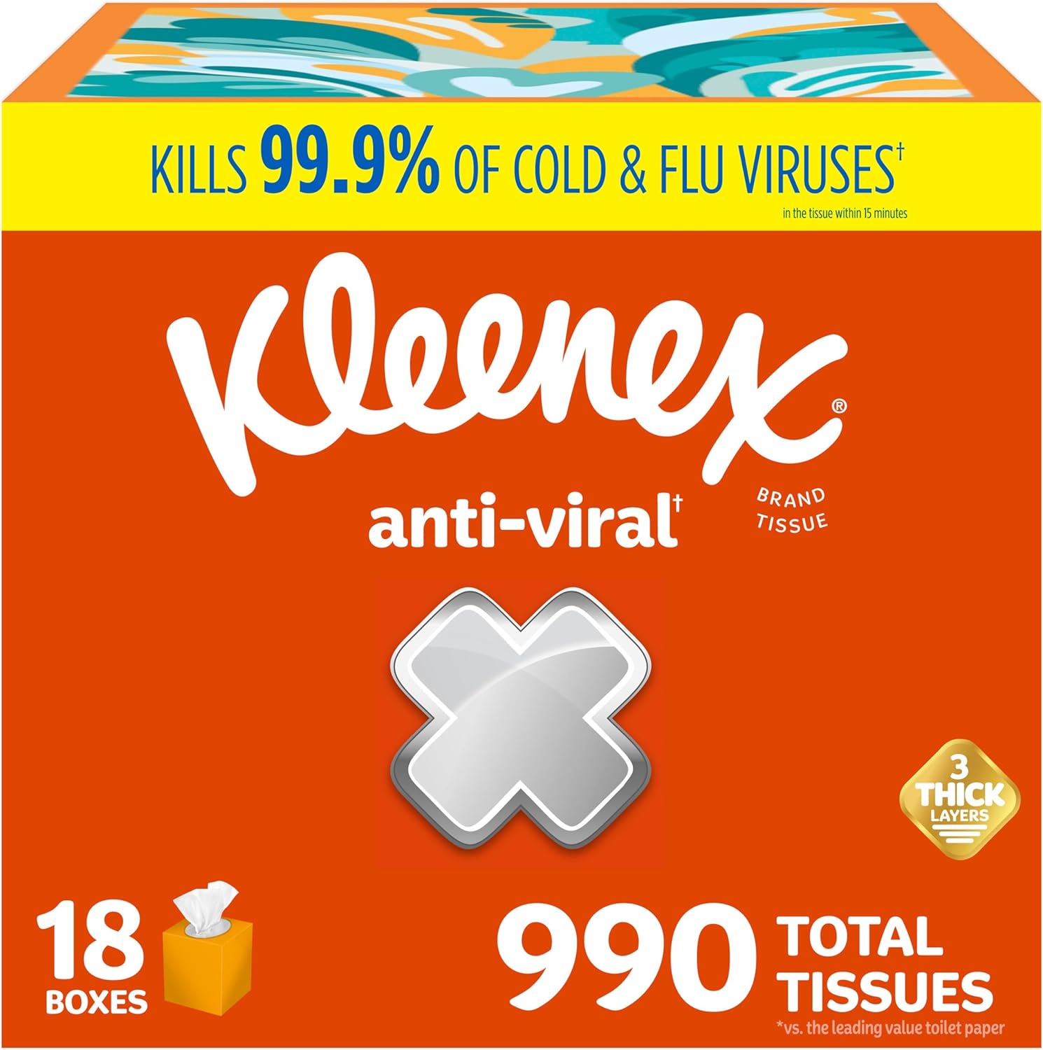 Kleenex Anti-Viral Facial Tissues, Classroom or Office Tissue, 18 Cube Boxes, 55 Tissues per Box, 3-Ply (990 Total Tissues)