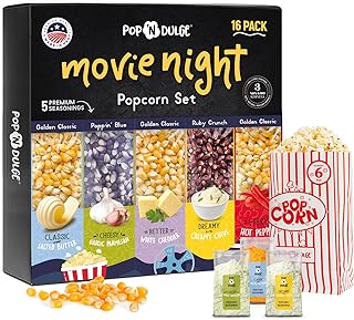 Popcorn Movie Night Supplies Popcorn Kernels Popcorn Seasoning 16 Pack, 5 Gourmet Popcorn Kernels, 5 Popcorn Seasoning Variety Packs Non-GMO Snacks, Includes 6 Bags, Gift Basket Idea