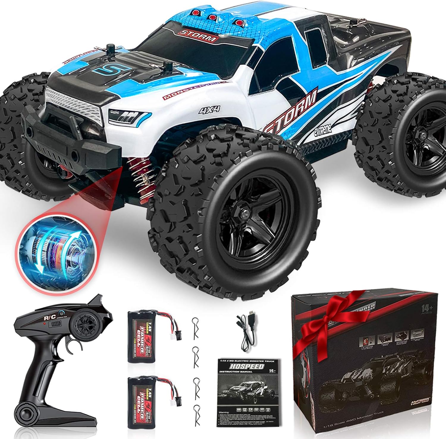 Remote Control Truck for Boys 45KM/H 1:18 Scale RC Truck 4WD All Terrain Off Road Fast RC Car with 2 Rechargeable1200mAh Batteries for 60 Min Run Time, 2.4Ghz Remote Control Car Gift for Adults Girls