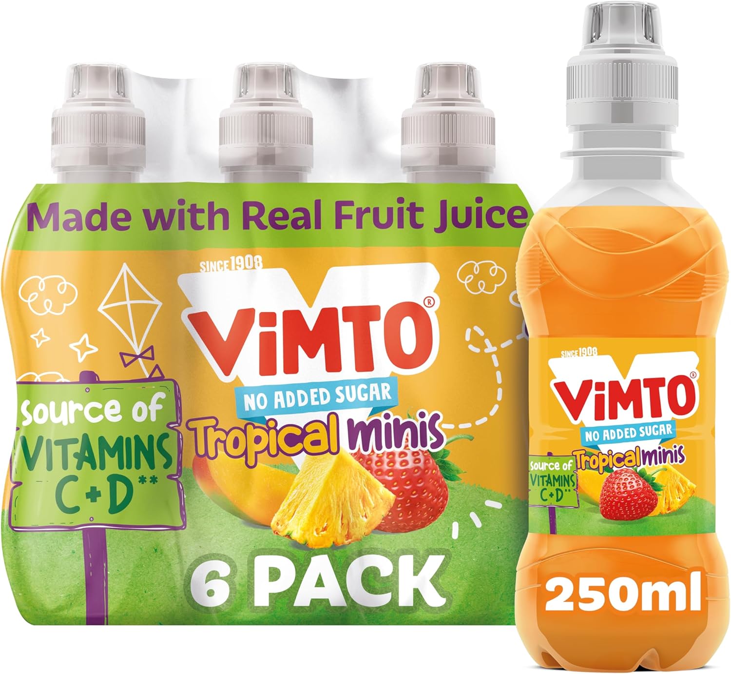 Vimto Original Real Fruit Juice Kids Drink | Tropical Mango, Strawberry & Pineapple | 250ml x 6 Pack Juice Bottles | No Added Sugar – Vegetarian | Ideal for Kids Lunchbox