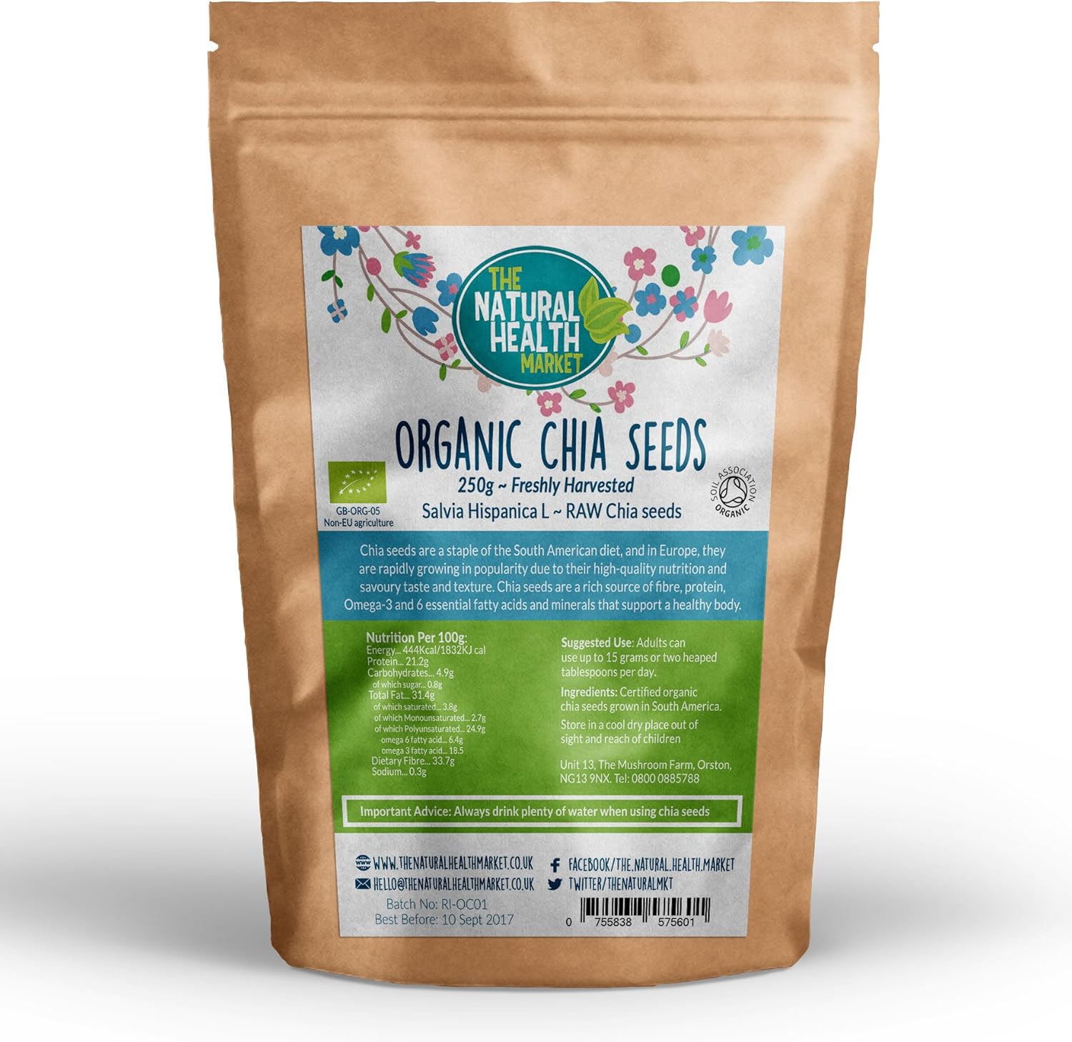 Organic Chia Seeds by The Natural Health Market 250g • Soil Association Certified Organic • Mixed Black Chia and White Chia • Rich Protein Source (250g)