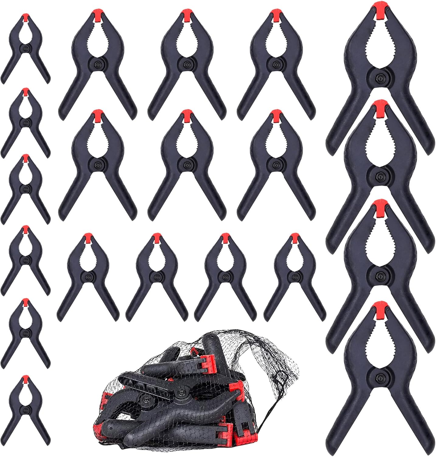 FASTPRO 20-PACK 4-Size Nylon Plastic Spring Clamps with String Bag Organizer, Included 6-1/2in., 4-1/2in., 3-1/2in.and 2-1/2in.