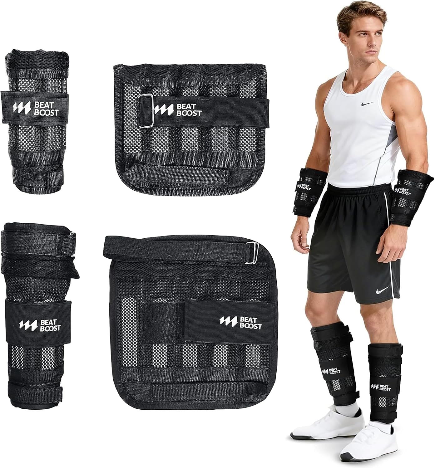BeatBoost Ankle Wrist Weights 5lb/10lb/15lb/20lb/25lb/30lb Adjustable Leg Arm Weights for Men Walking Pilates Exercise Workout Gym Aerobics