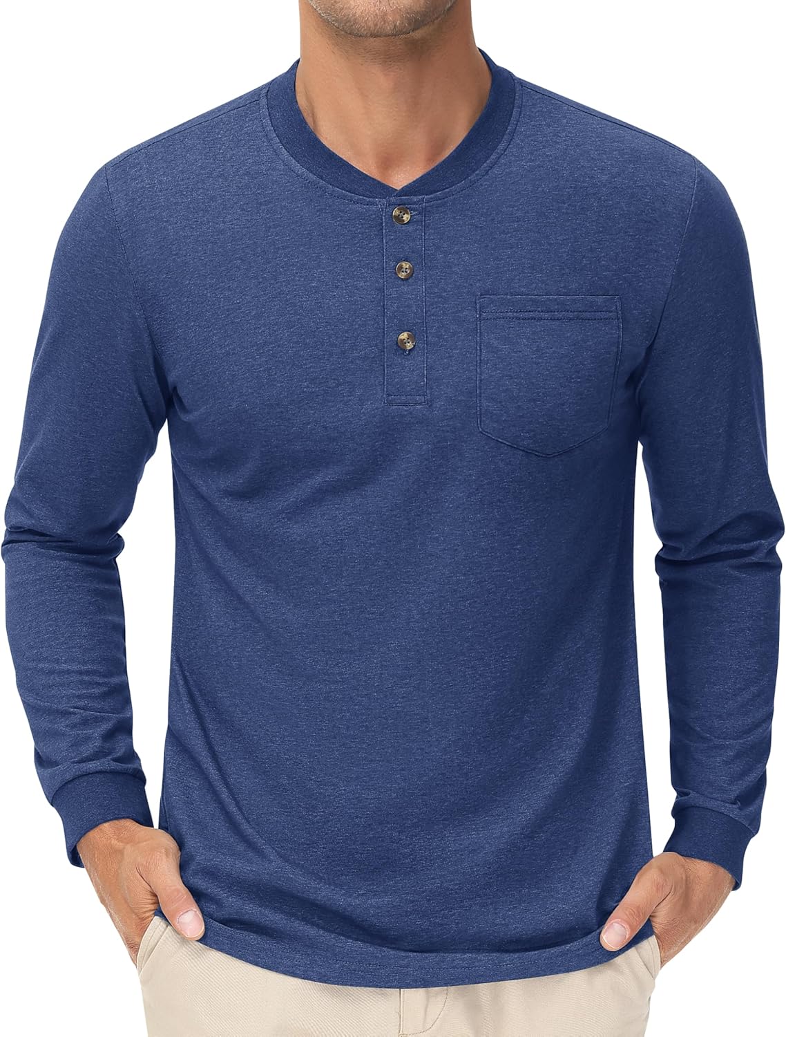 CRYSULLY Men's Henley Shirts Cotton Long Sleeve T-Shirts 3 Button Pocket Tops Lightweight Casual Basic Tee