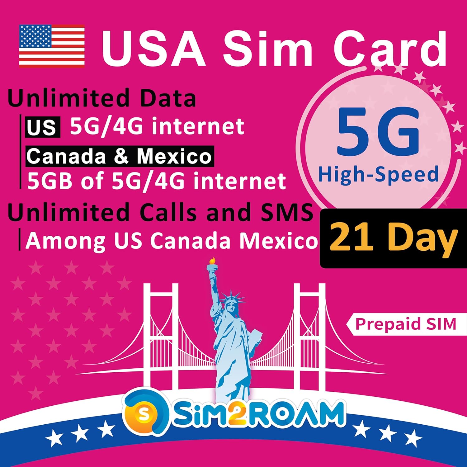 USA Canada Mexico T-Mobile SIM Card | Unlimited 5G/4G LTE Data in USA + 5GB of 5G/4G Data in Canada and Mexico | Unlimited Calls & SMS Among US, Canada & Mexico (21 Days) | Refillable!