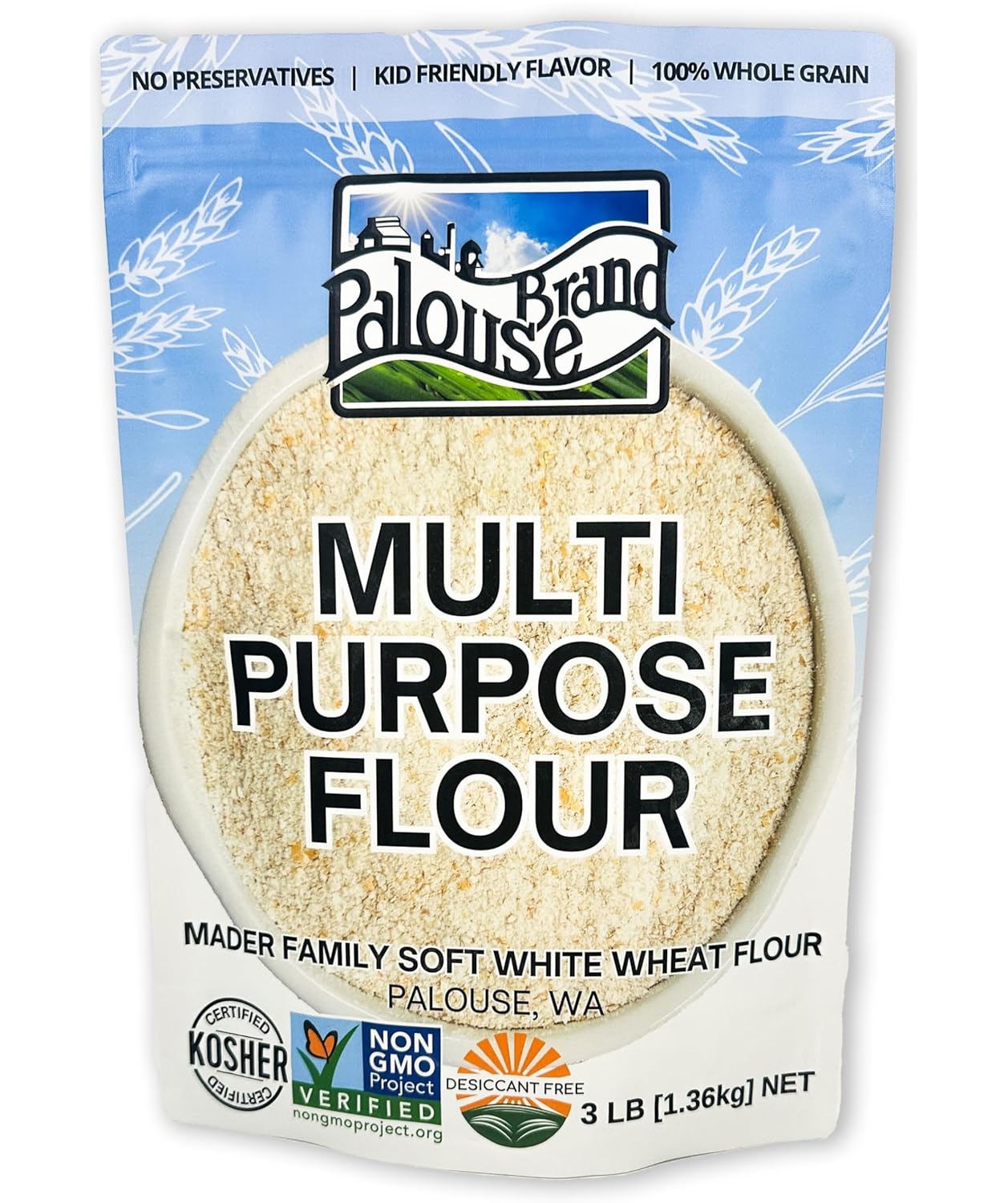 Certified Glyphosate Residue Free Unbleached Soft White Whole Wheat Flour | 3 LBS | All Purpose Flour | Non-GMO | 100% Non-Irradiated | Kosher | USA Grown | Field Traced | Resealable Bag