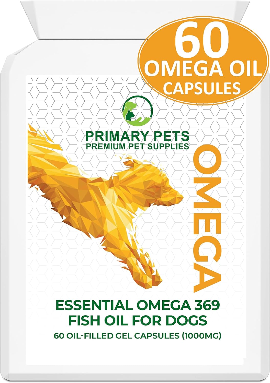 Primary Pets Premium Pet Supplies - Omega 3 Fish Oil for Dogs. 60 x 1000mg Oil Capsules. Supports Healthy Skin and Shiny Coat, Maintains Joint and Brain Health, Helps Maintain Immune System