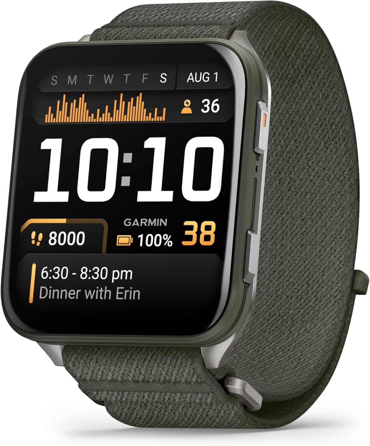 Garmin Venu X1 51mm GPS smartwatch, Large 2" AMOLED display, LED flashlight, Lightweight, Ultra thin 8mm watch case, 100 pre loaded Sports Apps, Up to 8 days battery life, ComfortFit nylon band, Moss