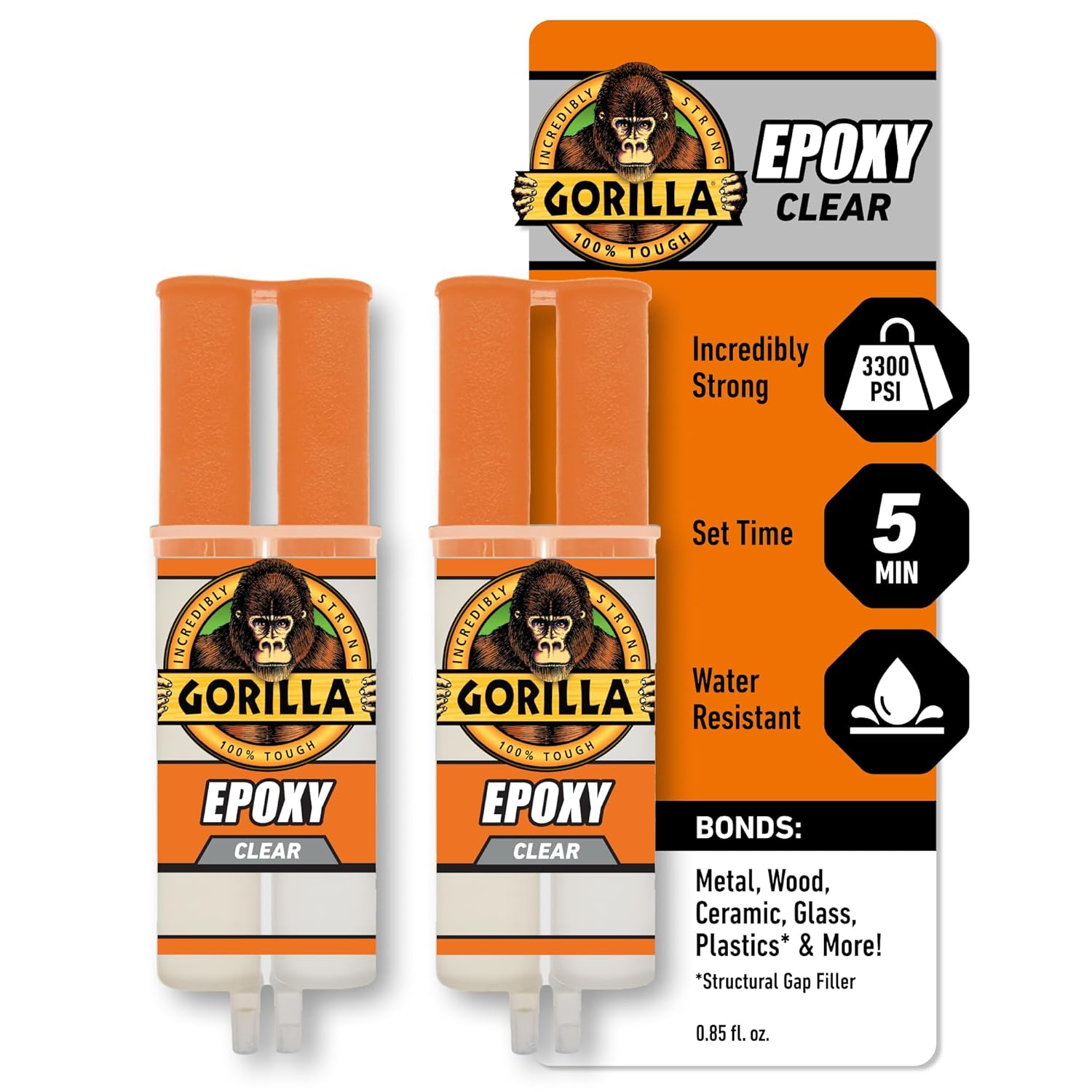 Gorilla 2 Part Epoxy, Clear Epoxy, 0.85 Ounce Syringe (Pack of 2) - 5 Minute Set, Incredibly Strong Bonding