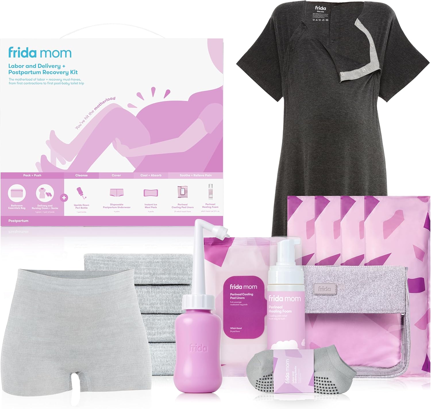 Frida Mom Labor, Delivery, & Postpartum Kit, Baby Shower Gifts, Socks, Peri Bottle, Nursing Gown, Disposable Underwear, Ice Maxi Pads, Pad Liners, Perineal Foam, Toiletry Bag (15pc Gift Set)