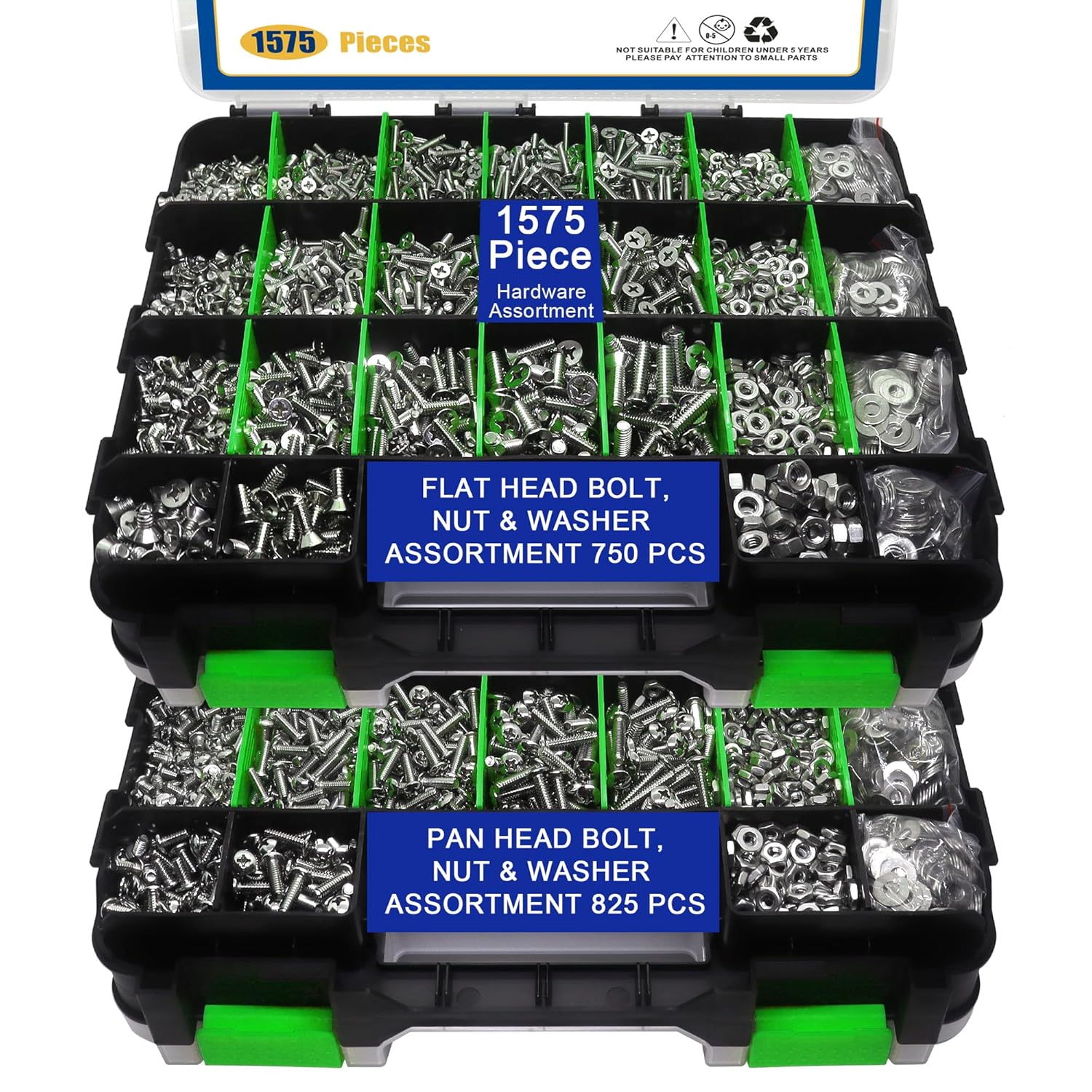 1575 PCS Nuts and Bolts Assortment Kit, Stainless Steel Phillips Pan Head & Flat Head Screws, Assorted Nuts Bolts Washers with Green Double Sided Organizer Box