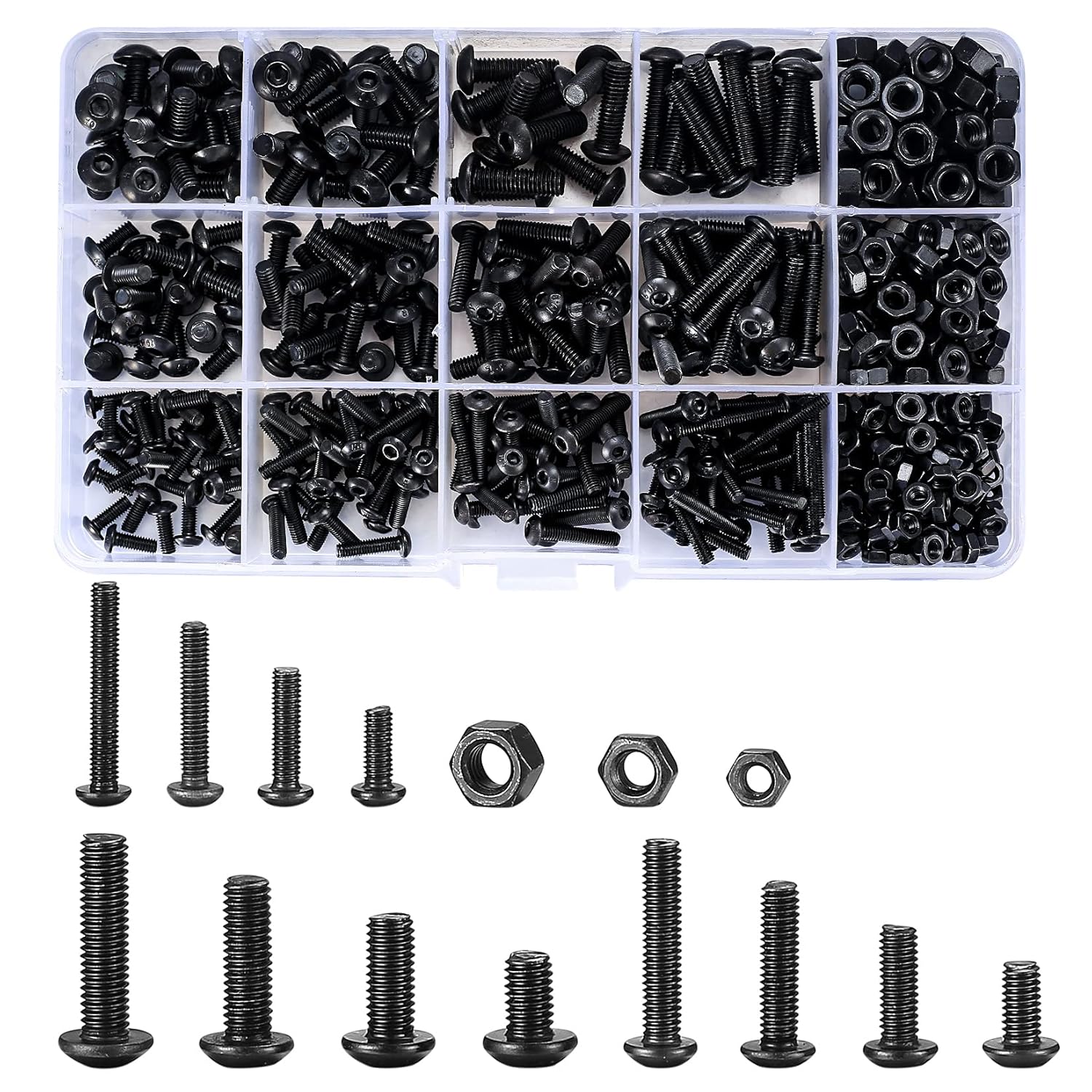 500 Pcs Nuts and Bolts Assorted Set, Black Hex Socket Head Cap Screws Bolts and Nuts Kit, M3/M4/M5 Thread Fastener Machine Hex Bolts and Nuts Assortment Kit with Box