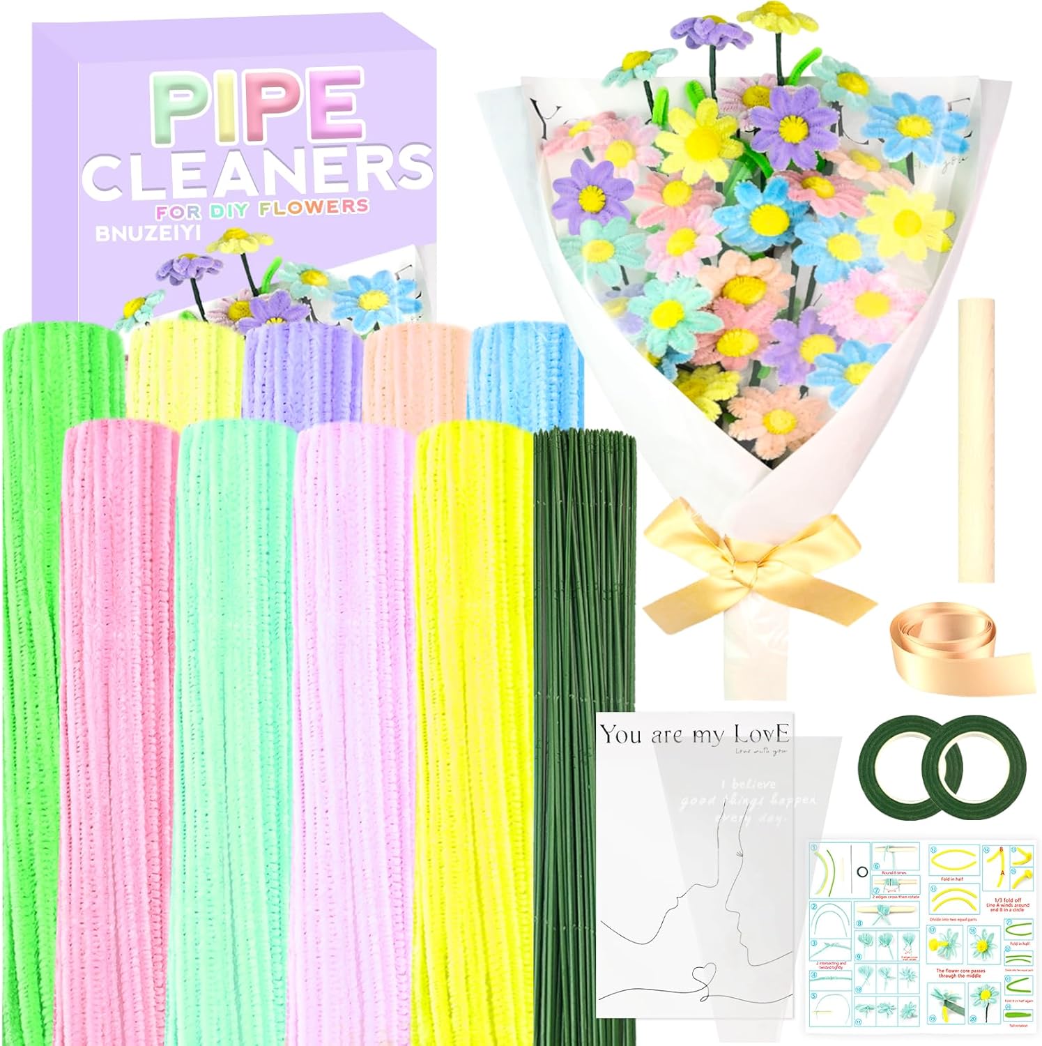 BNUZEIYI Pipe Cleaners Craft Kit 9 Assorted Colors Pipe Cleaners Bulk Flower Making Kit Chenille Stems Craft Supplies for DIY Art and Craft Bouquet Projects Creative Gift Decorations, Daisy