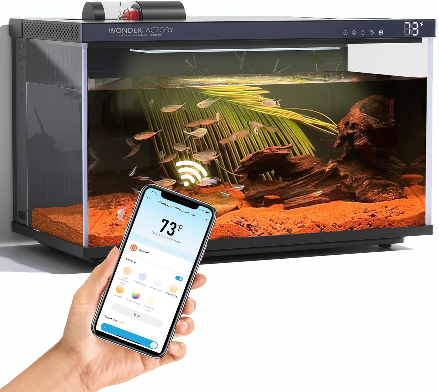 Smart Aquarium 5 Gallon Glass Fish Tank, Self Cleaning System Efficiency Filter 7 Color LED Lights Automatic Feeder Temperature Display Monitor HD UHA Glass Leak-Proof, Smart Control with Apps