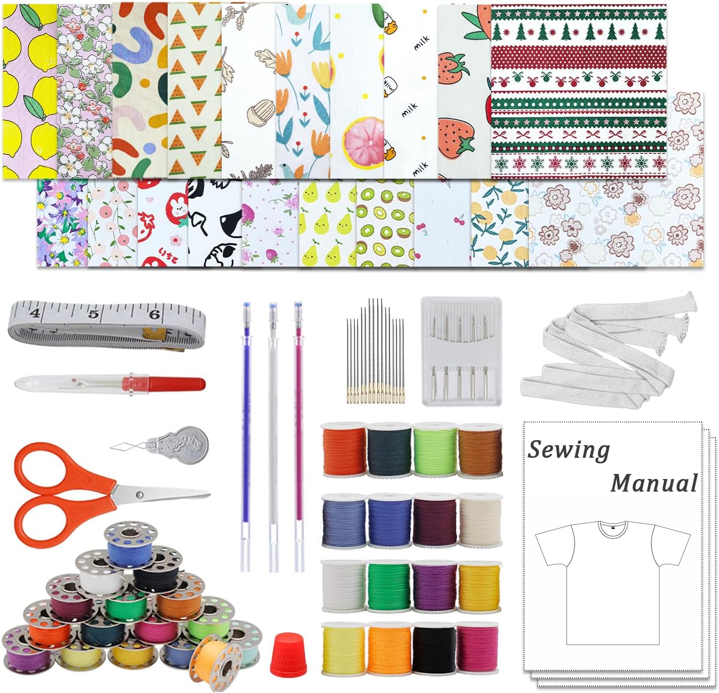 Sewing Machine Essentials Kit with 32 Pcs Sewing thread, Easy Tutorials, Needles & Scissors, Measure Tape, Heat Erasable Pens, 7x7 IN Fabric (20 Pcs) for Beginners, Adults, Home & DIY Projects