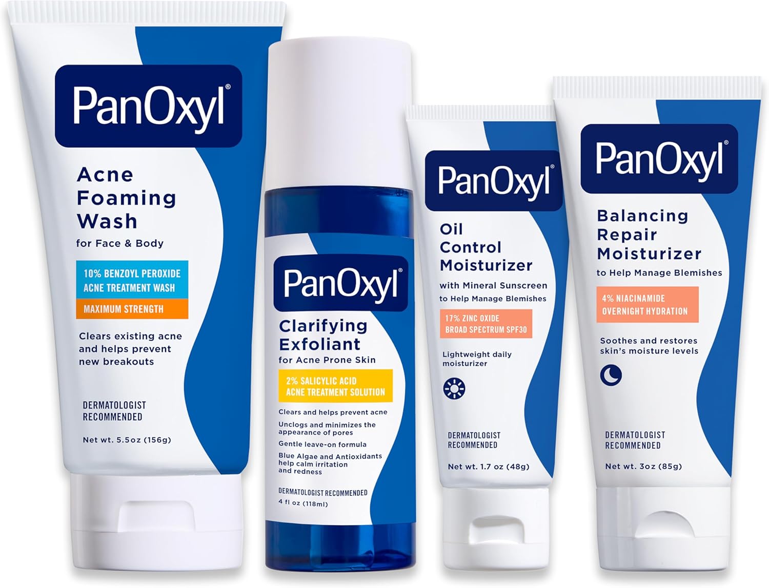PanOxyl Complete Cleanse, Manage & Moisturize Bundle - Acne Foaming Wash Benzoyl Peroxide 10%, PM Balancing Repair Moisturizer, AM Oil Control Moisturizer & Clarifying Exfoliant with 2% Salicylic Acid