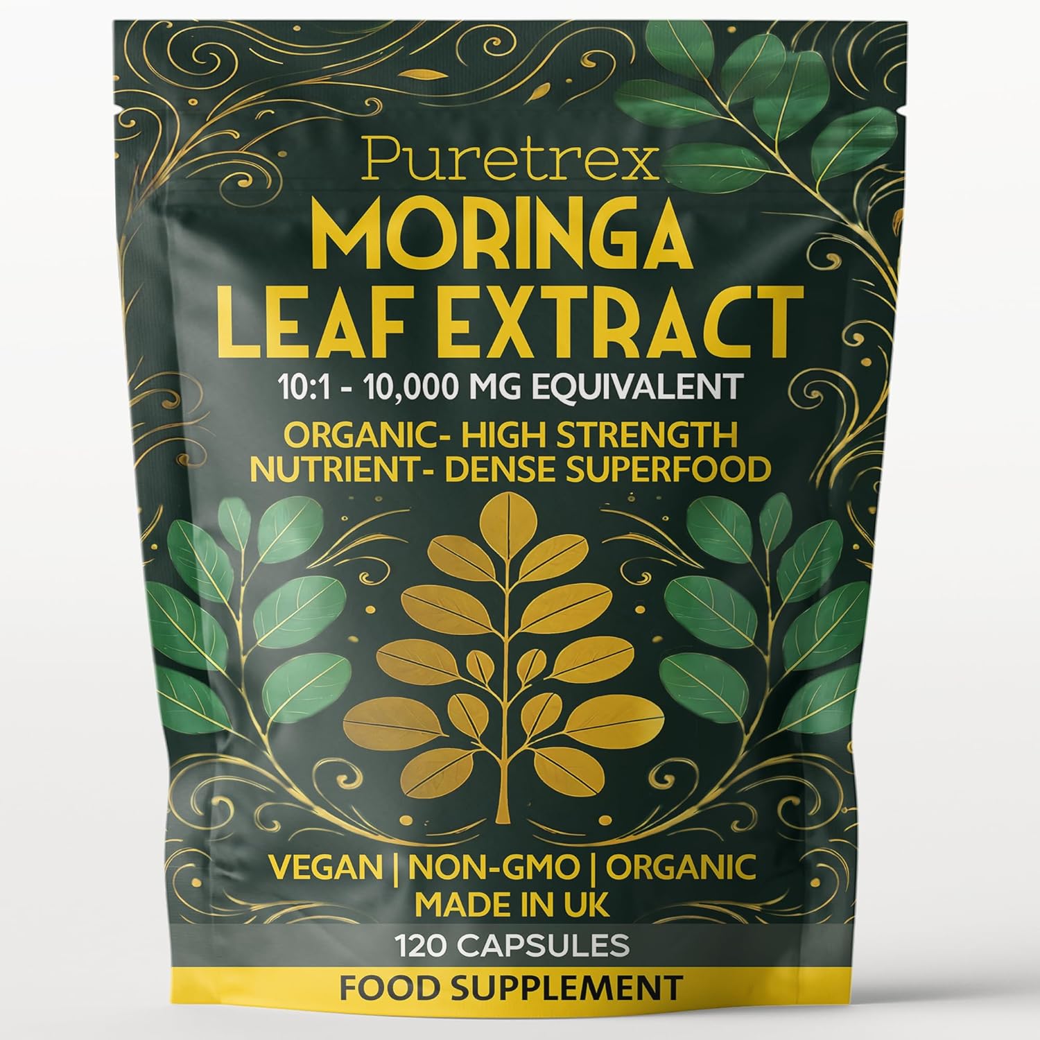 Puretrex Moringa Leaf Extract 10,000mg | 120 Vegan Capsules | Organic, Non-GMO | High Strength Superfood Supplement | Made in UK | Natural Energy & Immunity Support