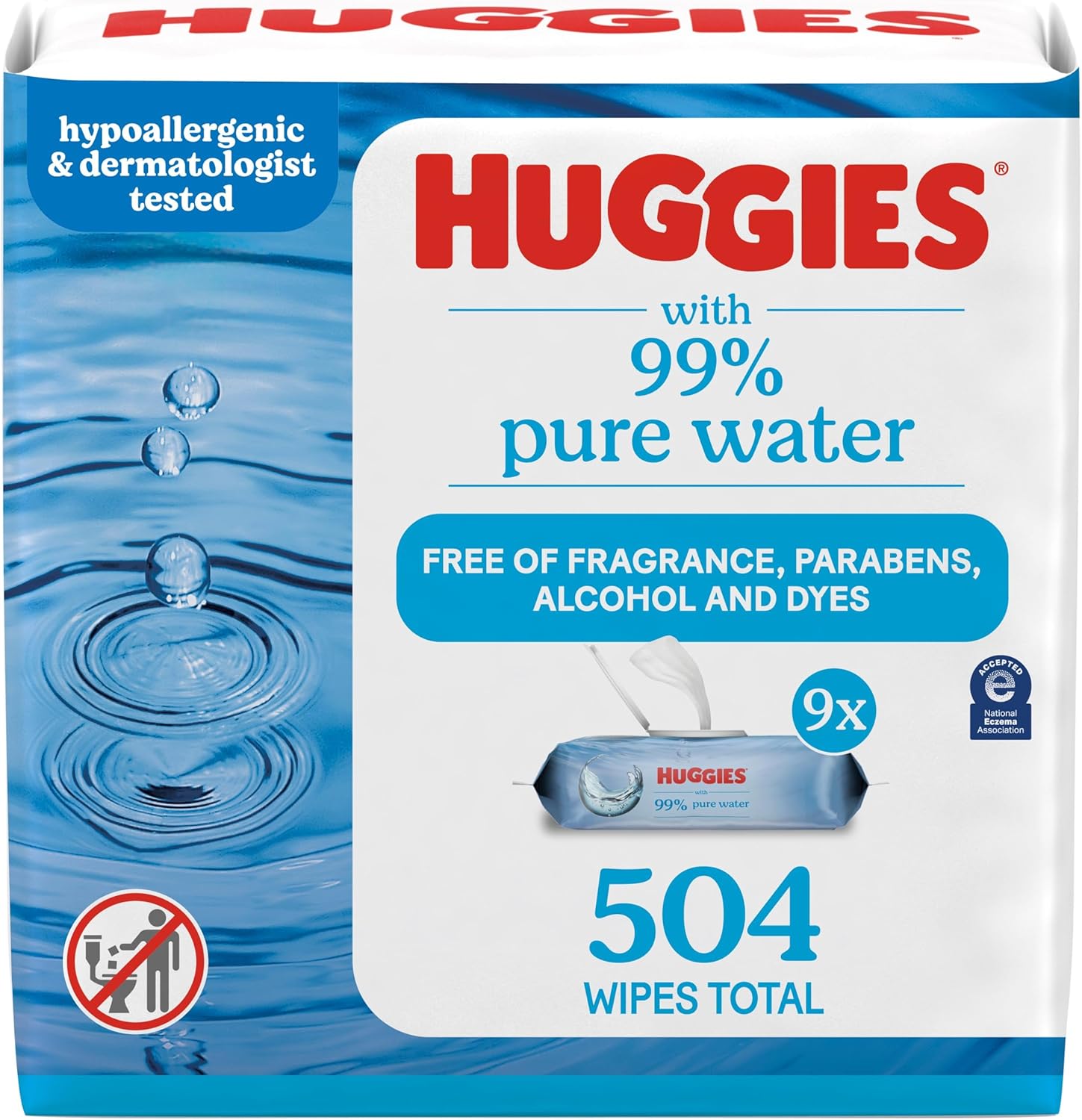 Huggies 99% Pure Water Baby Wipes, Unscented, 9 flip-top packs (3 Packs of 3), 504 Wipes Total, Packaging May Vary
