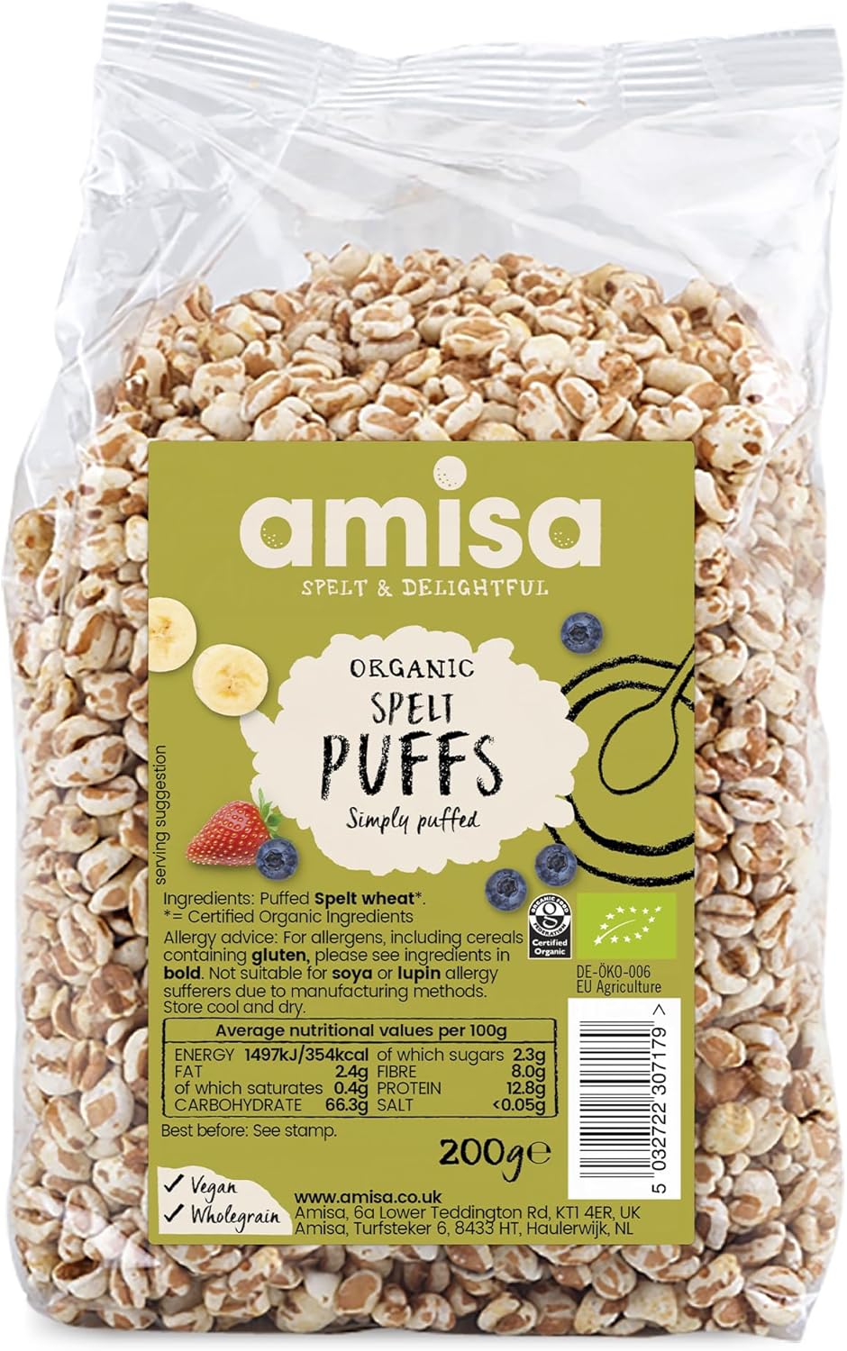 Amisa Organic Spelt Puffs, 200g - Light & Crunchy Texture - High in Fibre & Vegan-Friendly Cereal