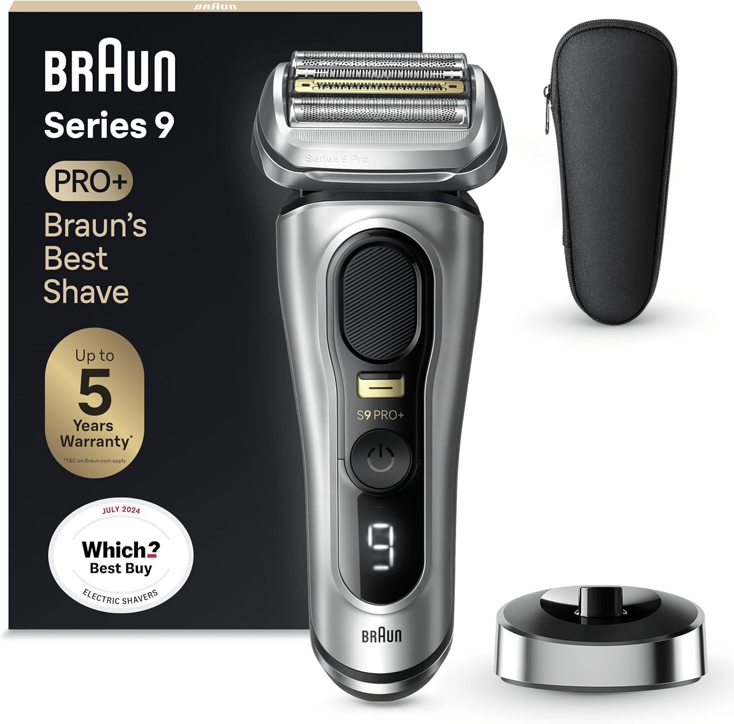Braun Series 9 Pro Electric Shaver With 3+1 Head, ProLift Trimmer, Charging Stand & Travel Case, Sonic Technology, UK 2 Pin Plug, 9417s