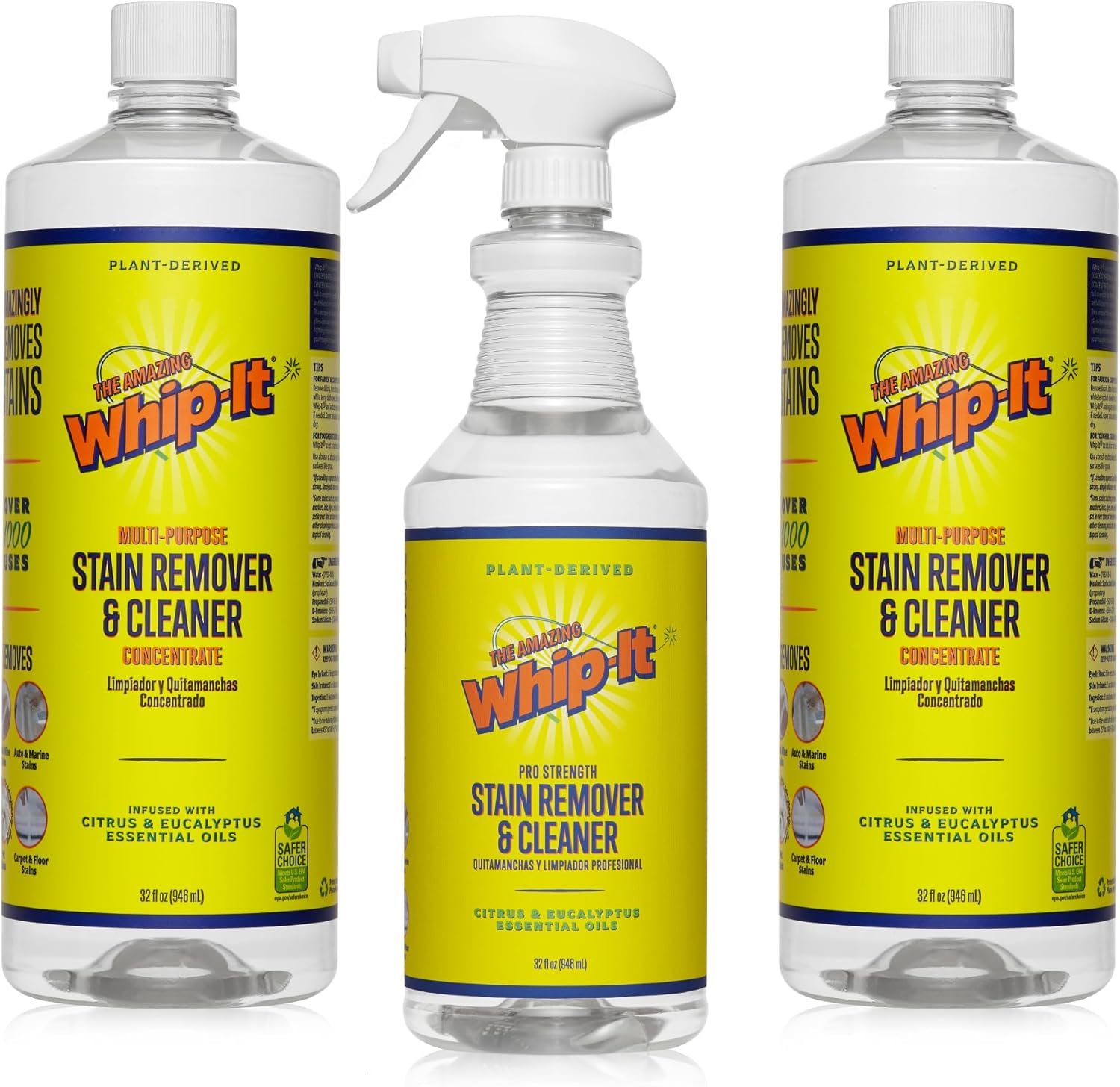 Whip-It Stain Remover and Concentrate Kit, 2-32oz Concentrates & 1-32 OZ Pro Spray Stain Remover, Makes 64 Bottles, Removes Coffee, Wine, Baby Stains, Pet Stains, Plant Based, Enzyme Cleaner, 500 Uses