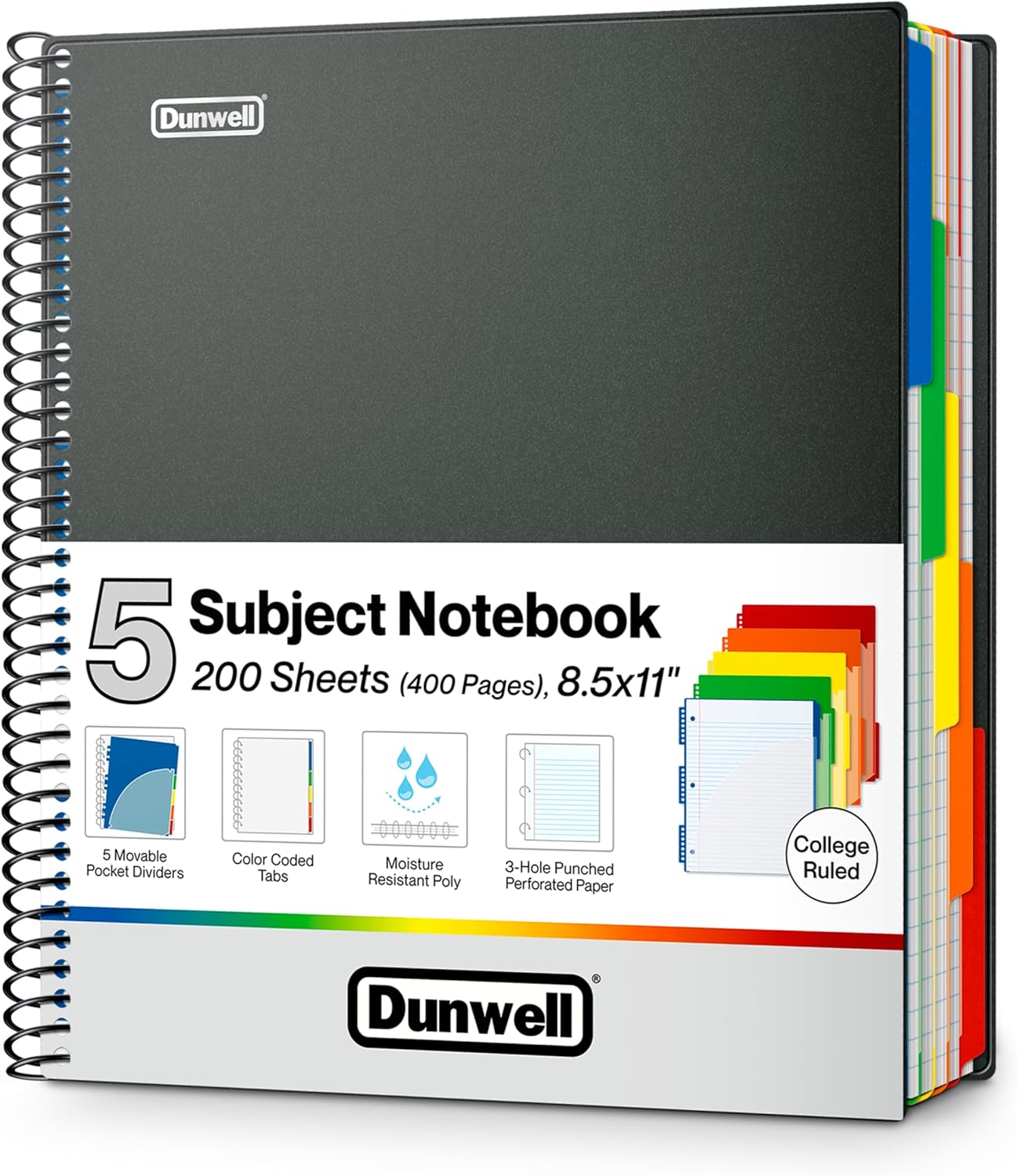 Dunwell 5-Subject Notebook, College Ruled, Colorful Movable Pocket Dividers with Tabs, Front/Back Plastic Covers, 200 Sheets (400 Pages) of 3-Hole Punch Perforated 8.5x11 Paper
