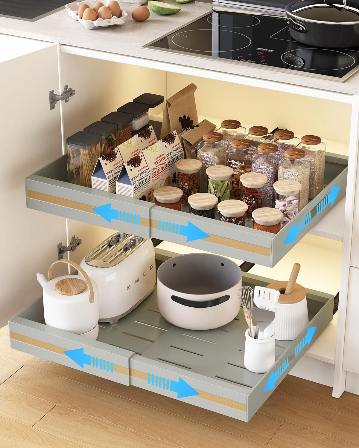 UMDONX 2 Pack Pull out Cabinet Organiser Drawers Kitchen Cupboard Storage, no Drill Expandable Sliding Shelf Unit Adhesive Peel and Stick (Grey Durable Metal)