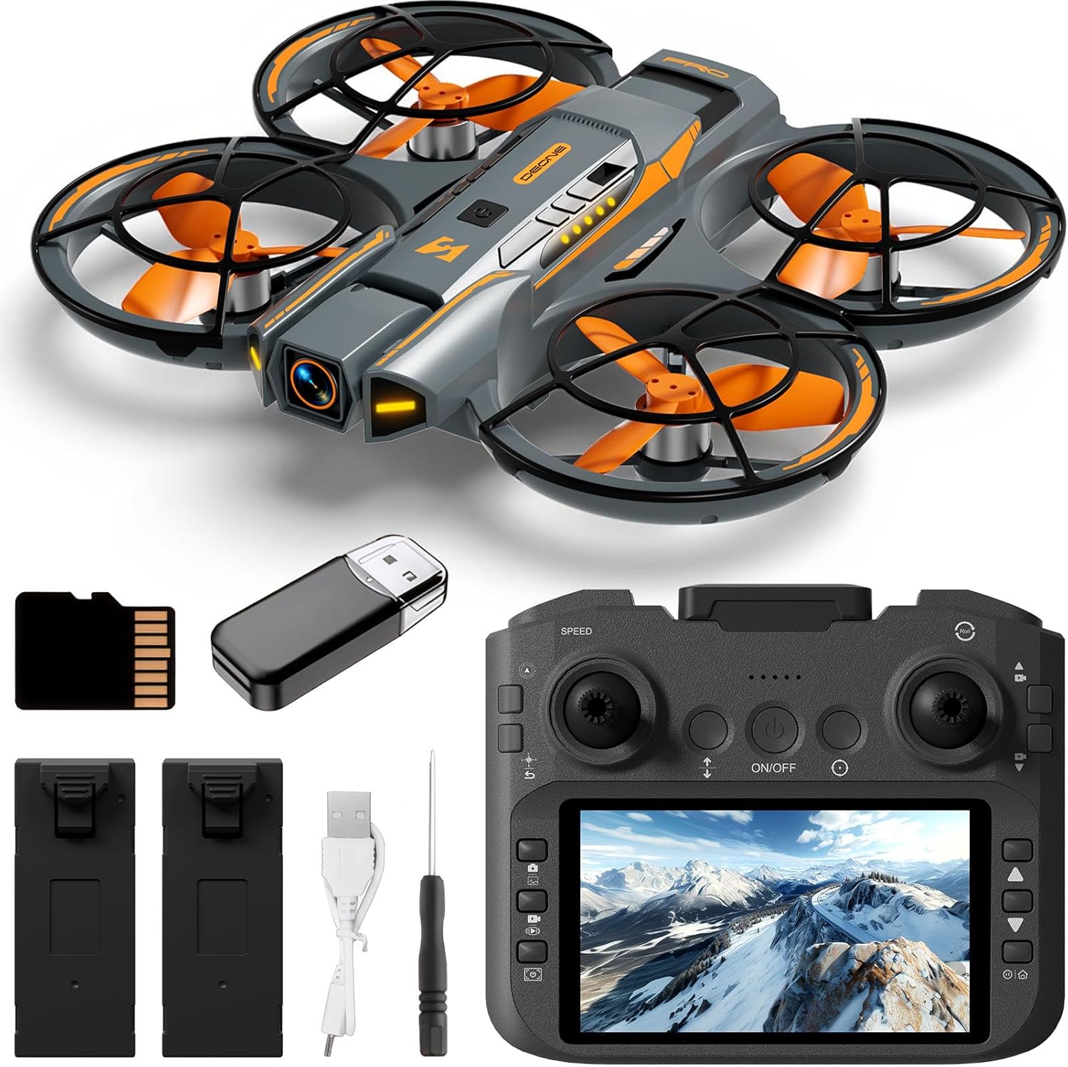 Brushless Motor Drone With Screen On Controller, Anti-collision Drones With Camera For Beginner 1080p, 180° Electrically Adjustable Lens, Under 249g, FAA Not Required, Beginner Drone With Built in Screen (4.3-inch), Optical Flow Positioning, Headless Mode, One Key Take Off/Land, 360 Flips,Trajectory Flight, SD Card, 2 Batteries