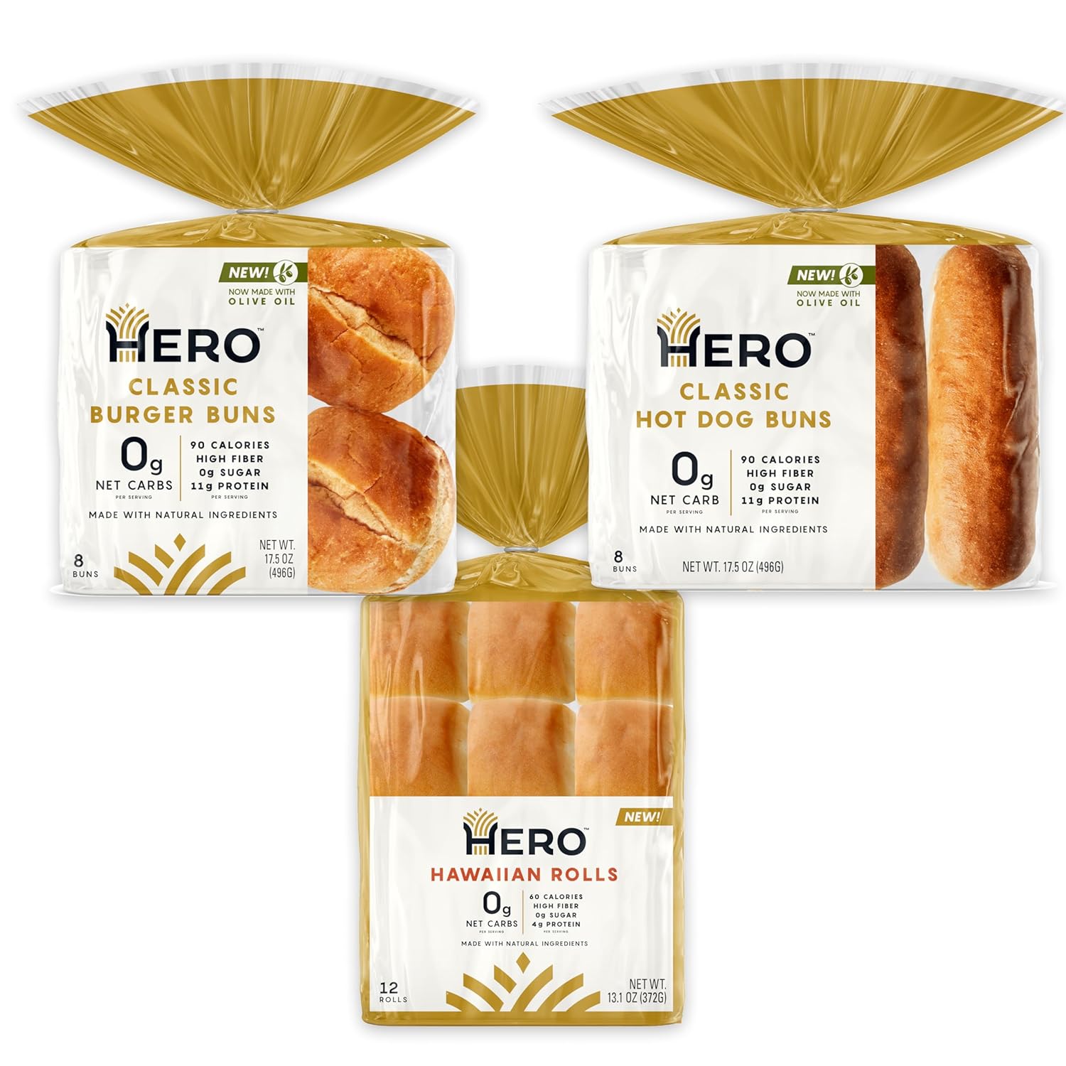 Hero Bread Party Sidekick Bundle — 0g Net Carb Hawaiian Rolls and 0g Net Carb, Hamburger Buns, & Hot Dog Buns | 0g Sugar, High Fiber, 100 Calories per serving | Net Low Carb & Keto-Friendly