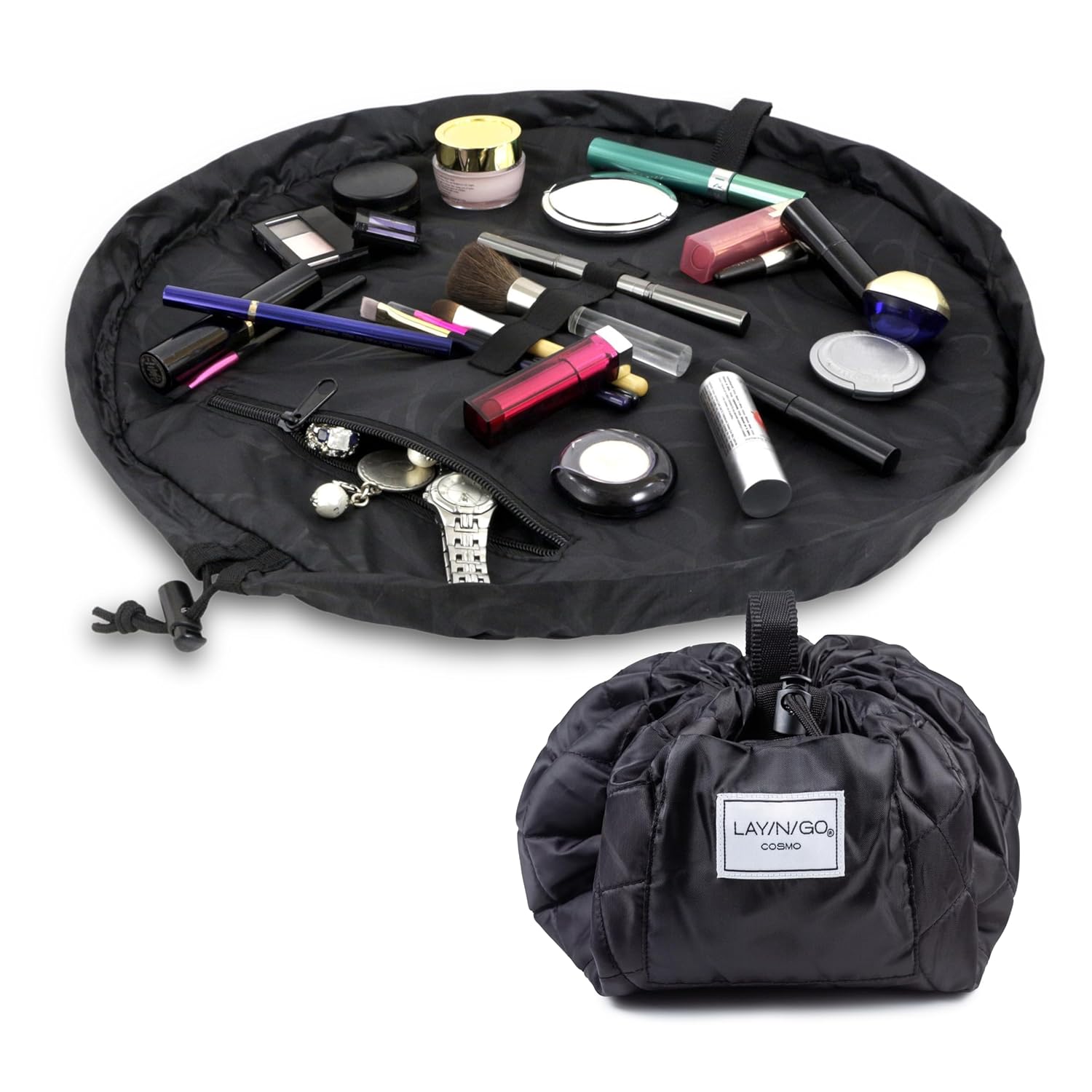 Lay-n-Go Cosmo Drawstring Cosmetic Pouch & Makeup Bag Organizer, Toiletry Bag for Travel, Gifts, and Daily Use, 20 inch, Black