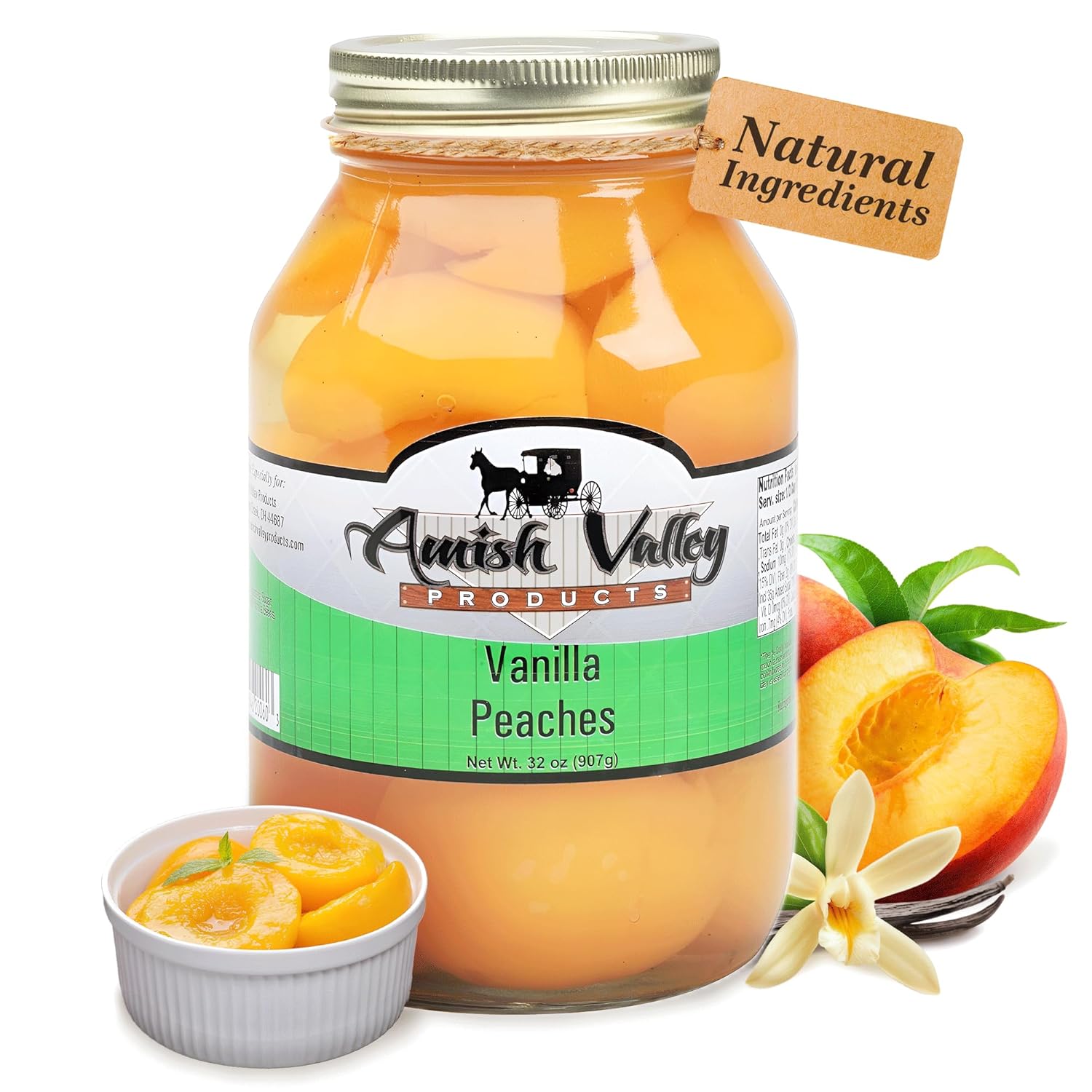 Amish Valley Products Old Fashioned VANILLA Peaches Halves Canned Jarred Peach in 32 oz Glass Jar