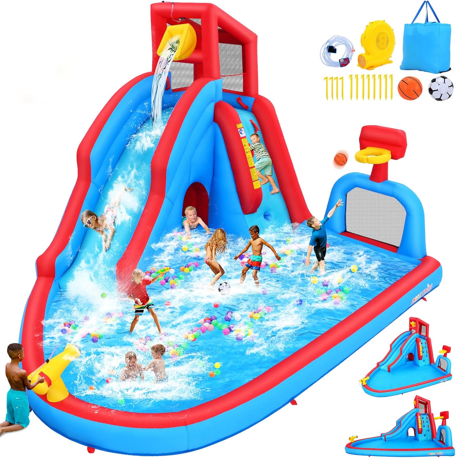AKEYDIY Bounce House Water Slide Park for Kids 3-10 Backyard, Water Slide W/ 470W Blower, Water Bounce House W/Pool, Long Slide, Pool, Climbing Wall, Tunnel, Pouring Basin, Hoop, Water Cannon