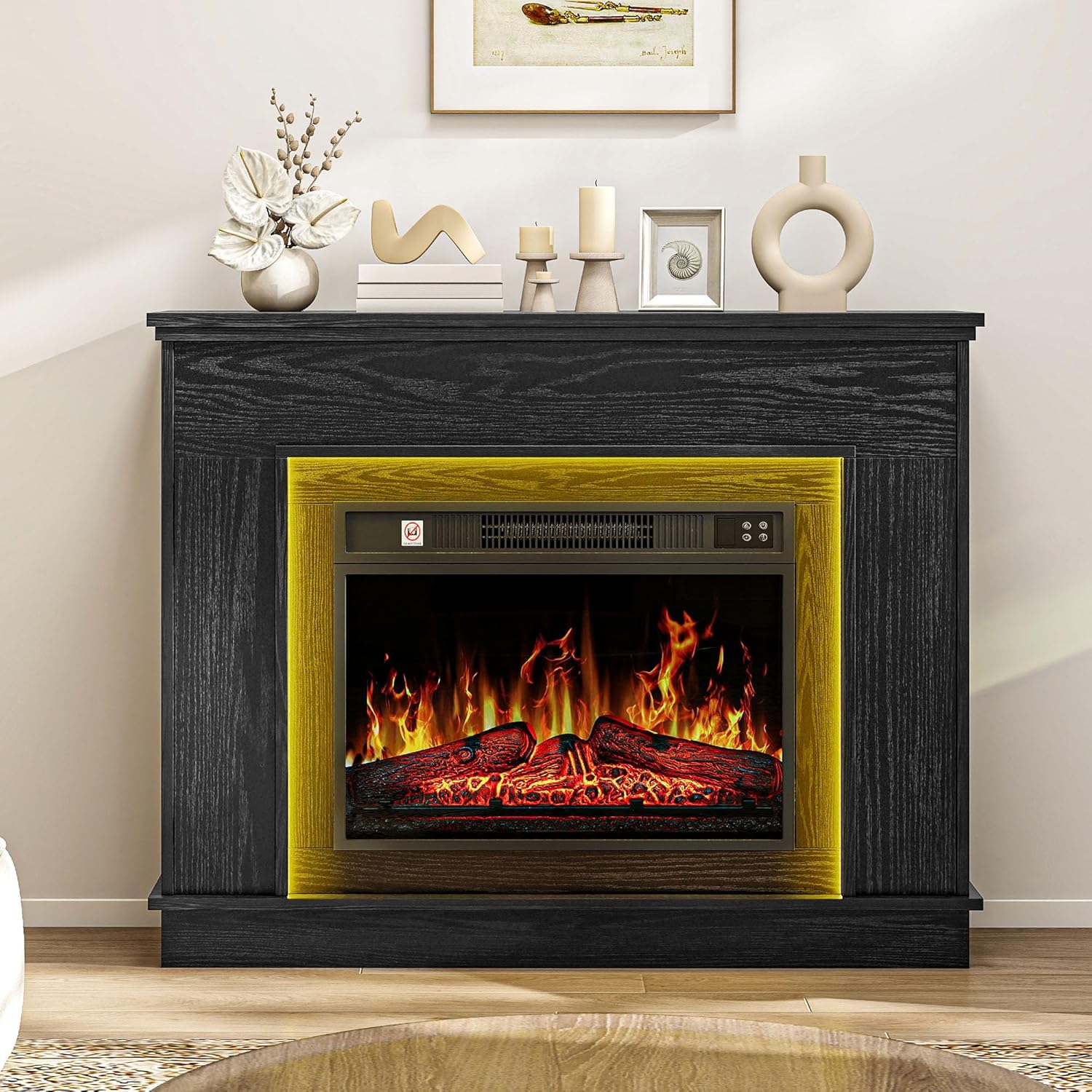 TAUS Fireplace with 39" Surround, Black Electric Fireplace Free Standing with Realistic Flame Effect Fireplaces Heater, with Timer and 7 Color LED Light Strip and Remote Control