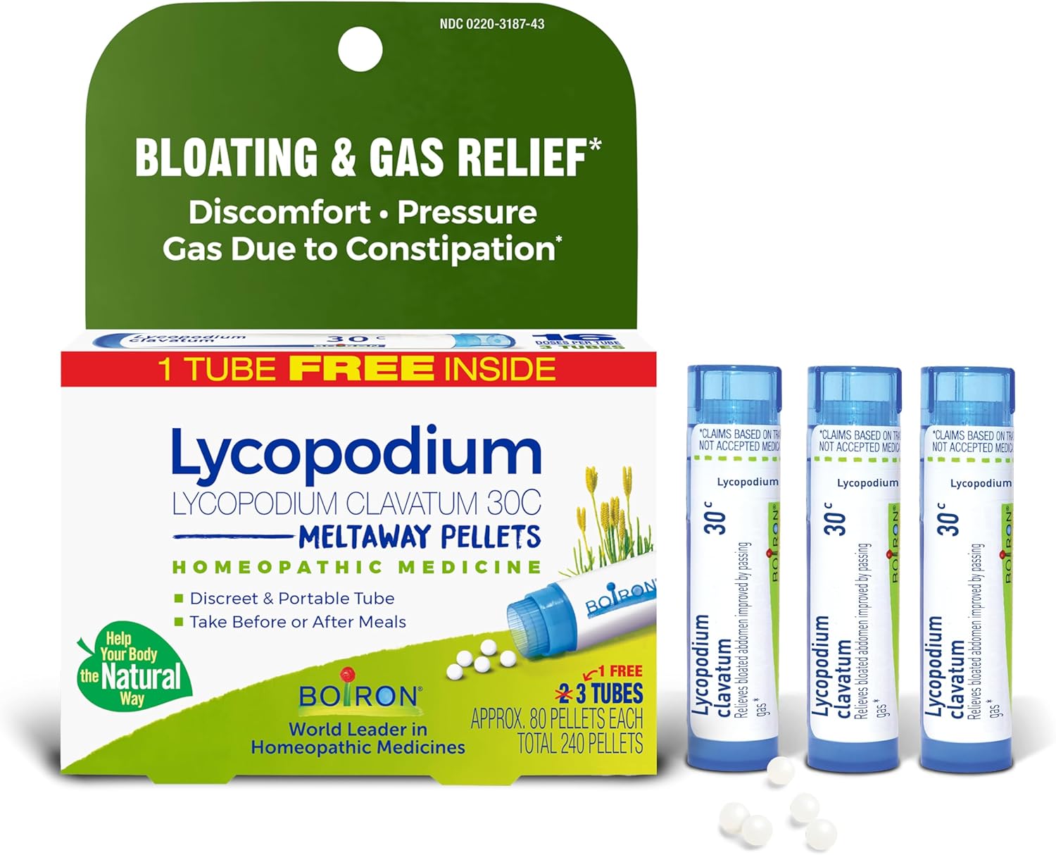 Boiron Lycopodium Clavatum 30C Homeopathic Medicine for Relief from Bloating, Gas Relief, and Stomach Pressure or Discomfort - 3 Count (240 Pellets)
