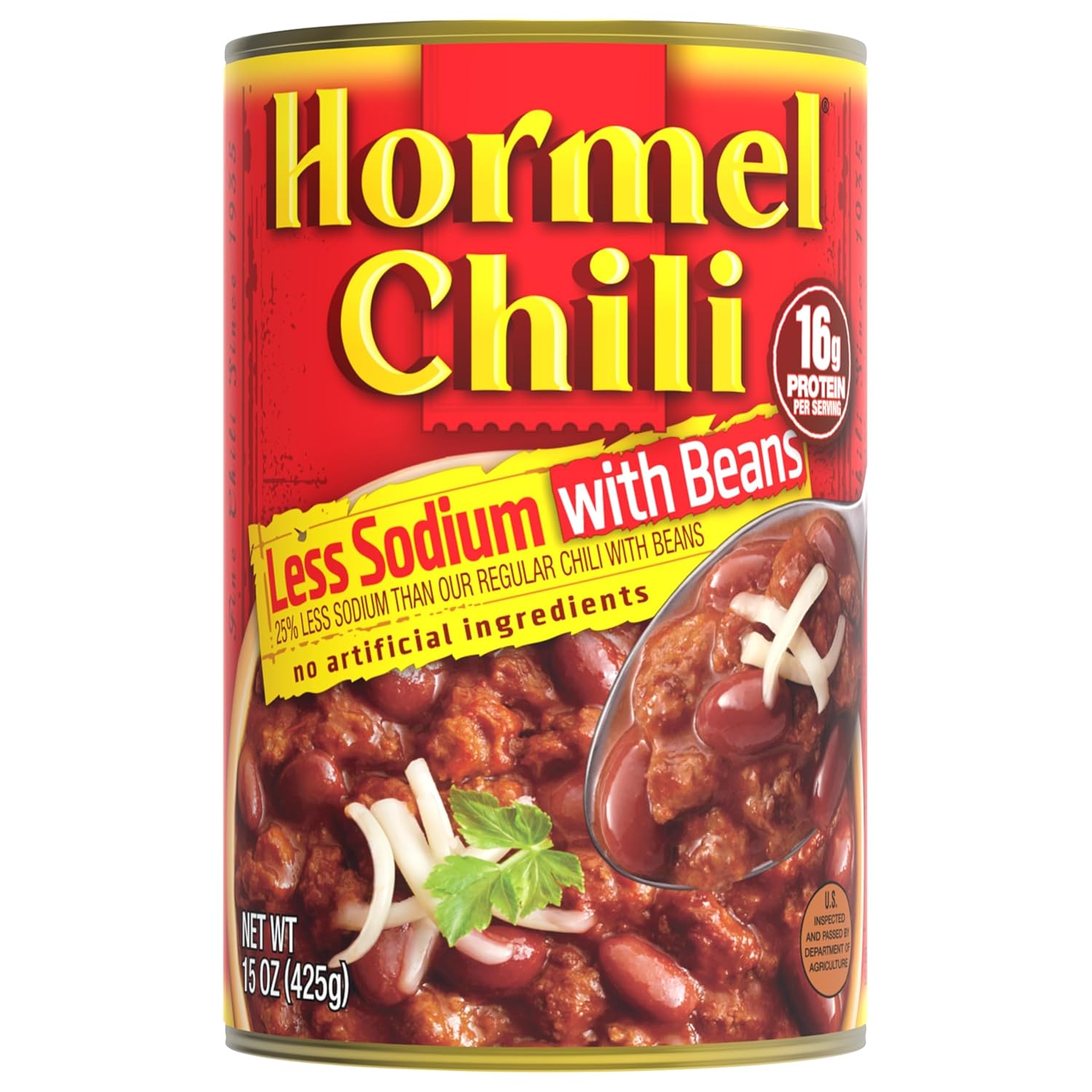 HORMEL Chili With Beans, Less Sodium, (Pack of 12), 15 oz Canned Chili, – 16g Protein per Serving, Gluten-Free - Great for Bowls, Dips, Hot Dogs and Appetitizers