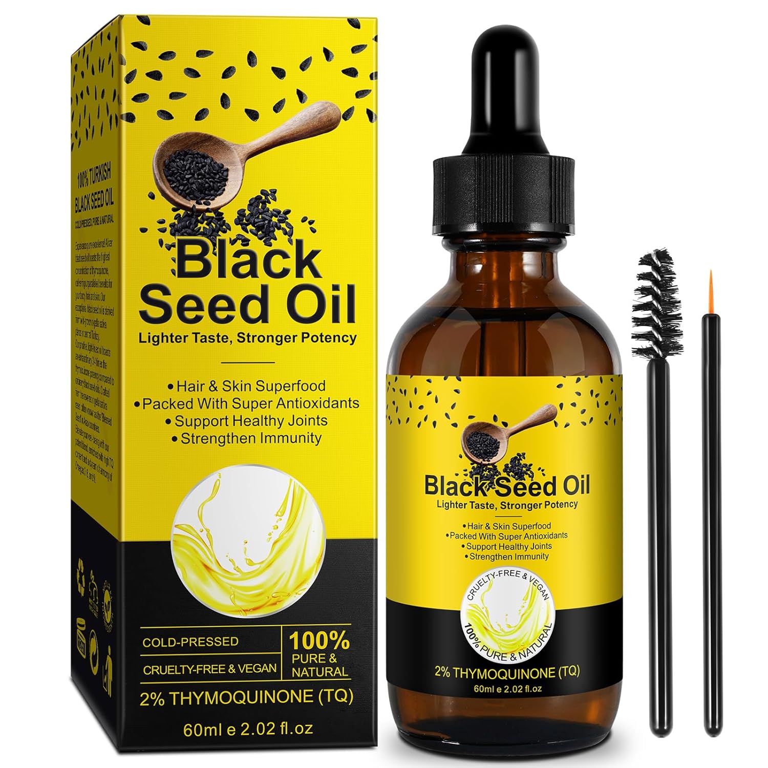 Black Seed Oil - 100% Pure Unrefined, Natural Organic Cold Pressed Black Seed Oil with 2% TQ and a Dynamic Harmony of Omegas 3, 6, 9 Antioxidant, Immune Boost, Joints, Skin & Hair 2.02 Fl Oz (1 Pack)