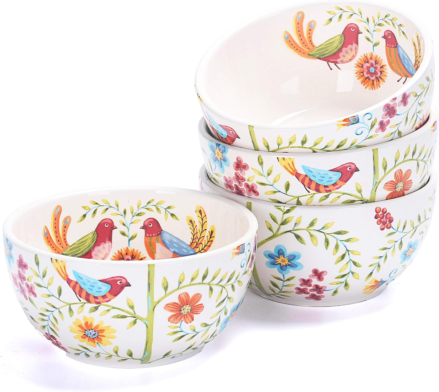 Bico Ceramic Cereal Bowls Set of 4, 26 oz, 6 Inch, Red Spring Bird