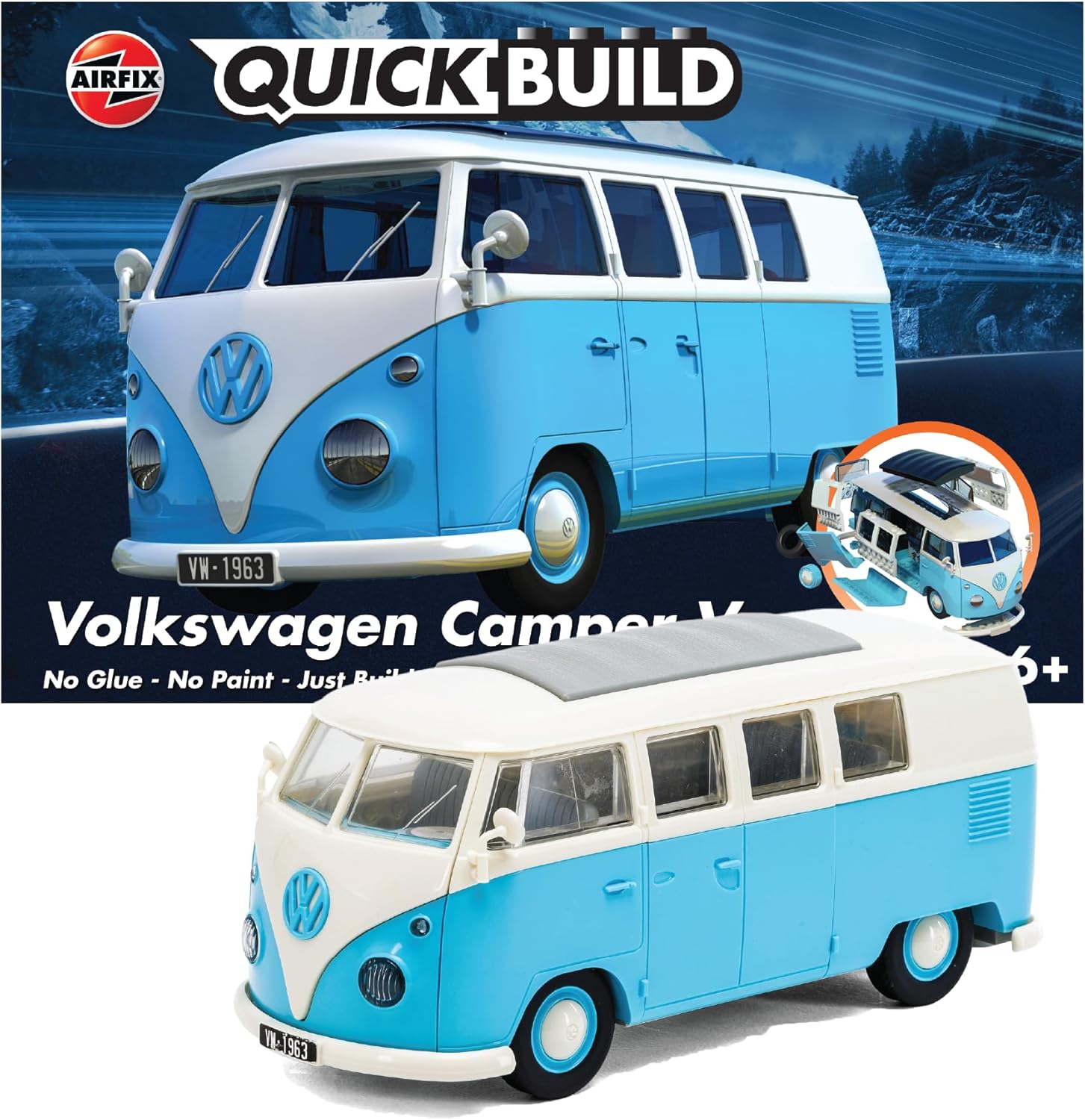 Airfix Quickbuild Volkswagen Light Blue Camper Van Brick Building Model Kit, Multicolor