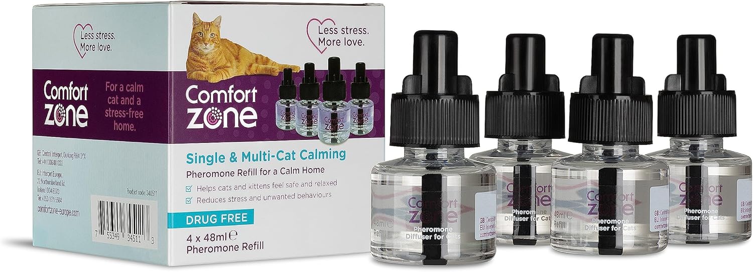 Comfort Zone Refill for the CZ Calming Pheromone Diffuser Kit, Calm Cat Home, Reduces Stress, Spraying, Scratching & Other Problematic Behaviours, (4 Refills last 120 days),White/clear,4 x 48ml