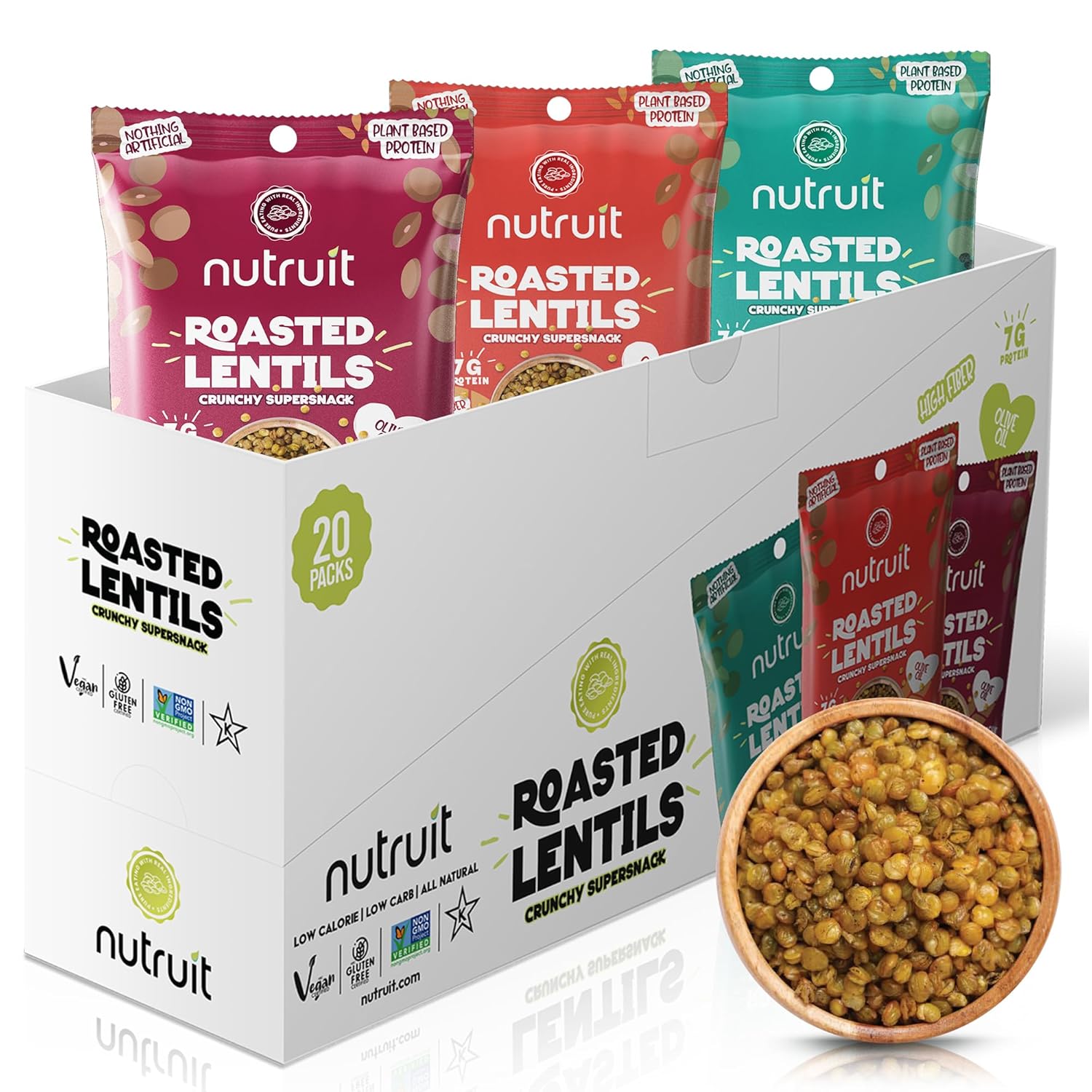 Nutruit Roasted Lentil Snacks - Tasty Snack Box with Vegan, Gluten Free, Non-GMO, High Protein, Low Calorie, Healthy On-The-Go Low Calorie Lentils Snacks - 1.2oz Packs (20-Pack Variety Box)